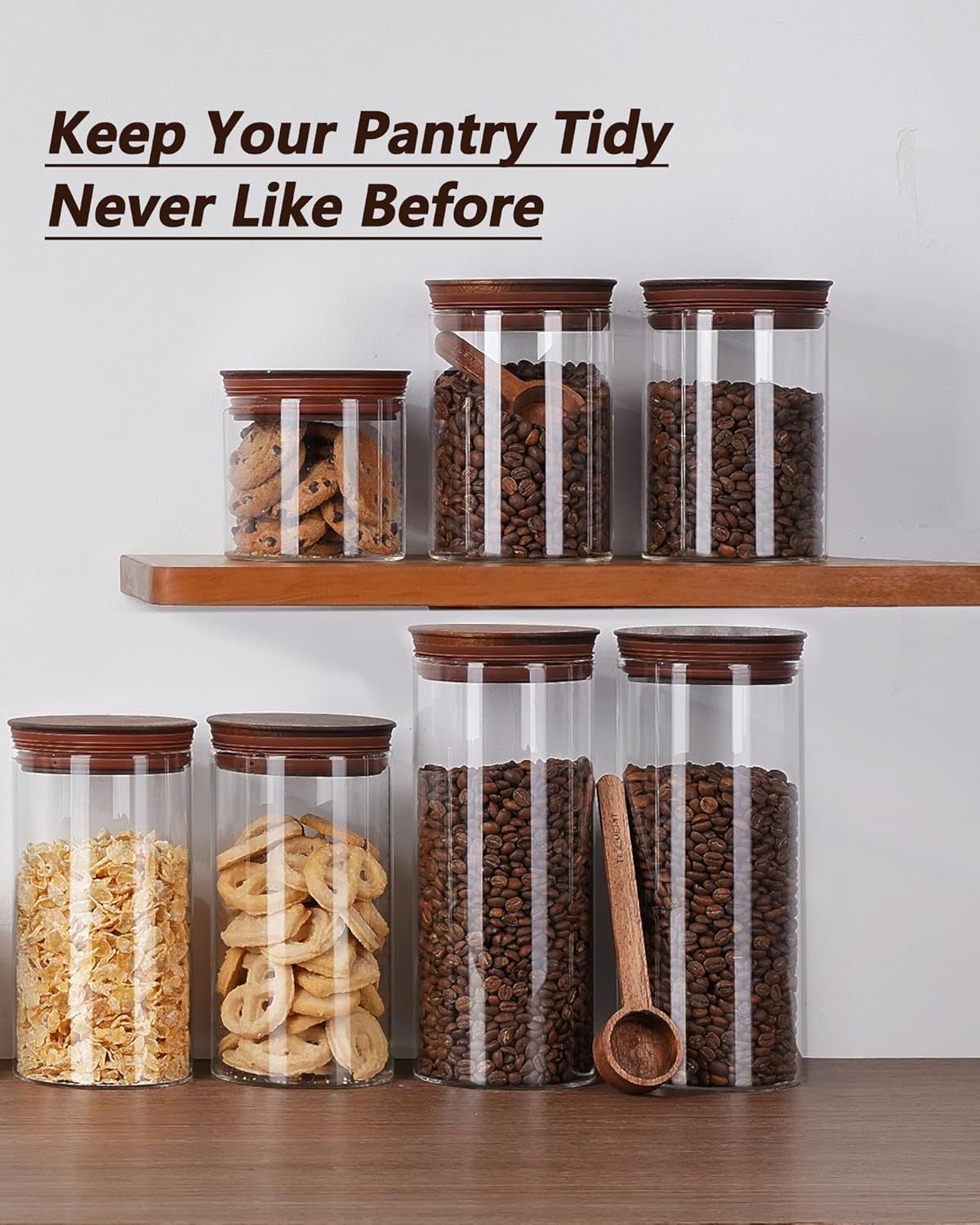 50 oz Coffee Canister with Scoop and Wooden Lids, Airtight Glass Coffee Jars Set of 2 for Ground Coffee, Coffee Beans Storage Container with Lids for Kitchen Brown Sugar, Coffee Bar