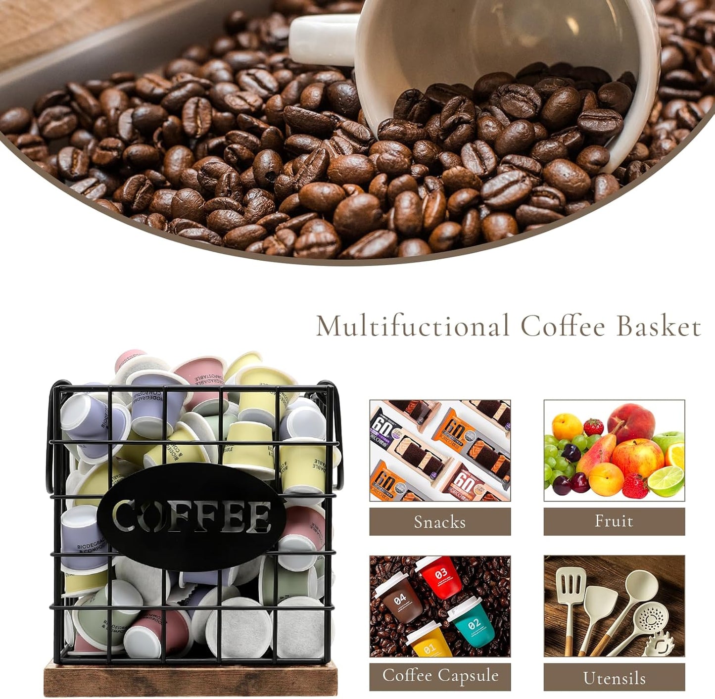 Coffee Pod Holder Organizer,Large Capacity K Cup Holder Organizer, Storage Basket for Kitchen Countertop Office Coffee Bar with Wooden Base(Rustic Brown-Square)