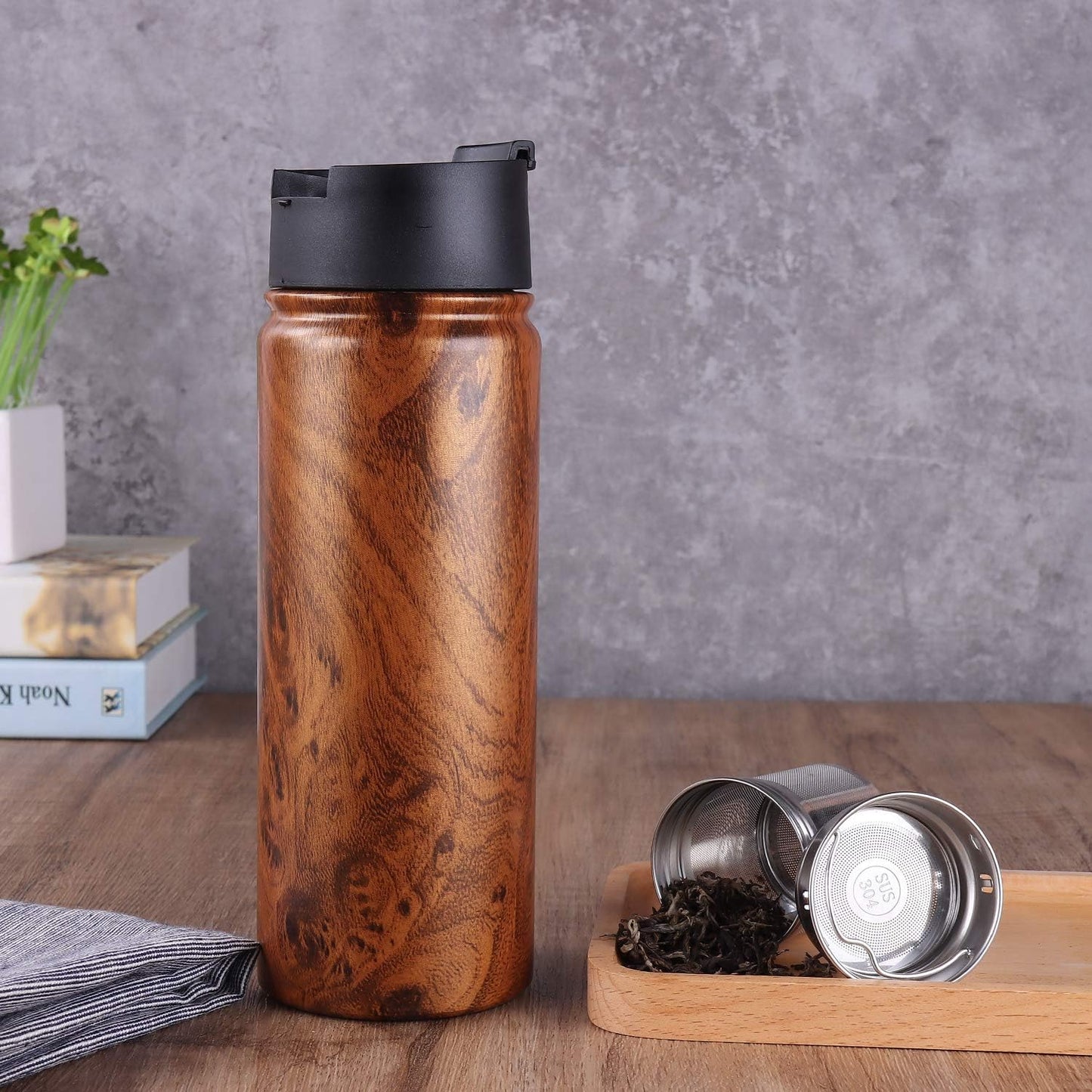 Sivaphe Tea Infuser Bottle With Removable Loose Leaf Tea Strainer, 18/8 Stainless Steel Insulated Travel Tumbler Festival Gift(Wood Grain)