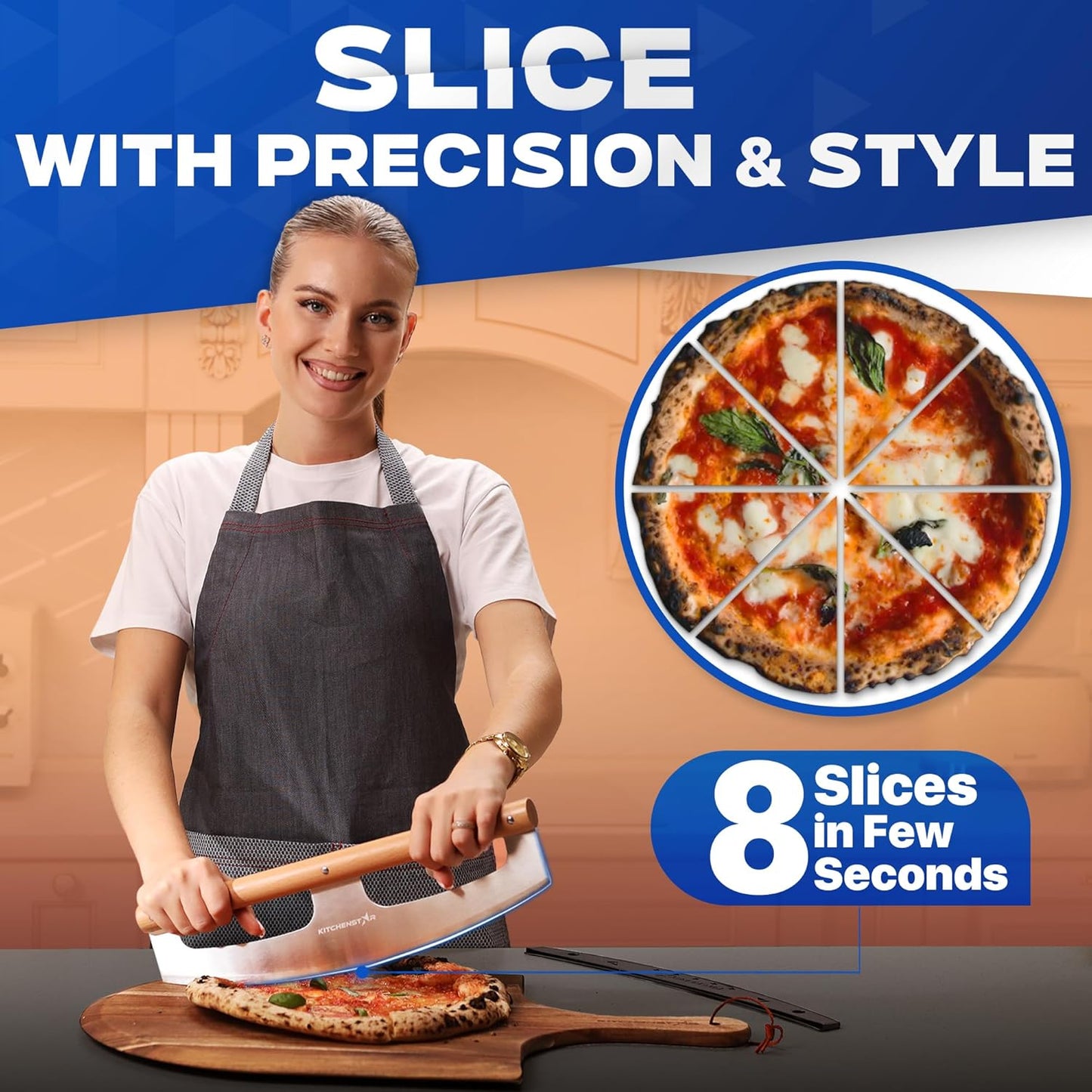 KitchenStar 16-Inch Pizza Cutter Rocker Blade - Razor Sharp Stainless Steel Slicer Knife, Stylish Beech Wood Handle, Protective Cover - Professional Pizza Oven Accessories, Silver