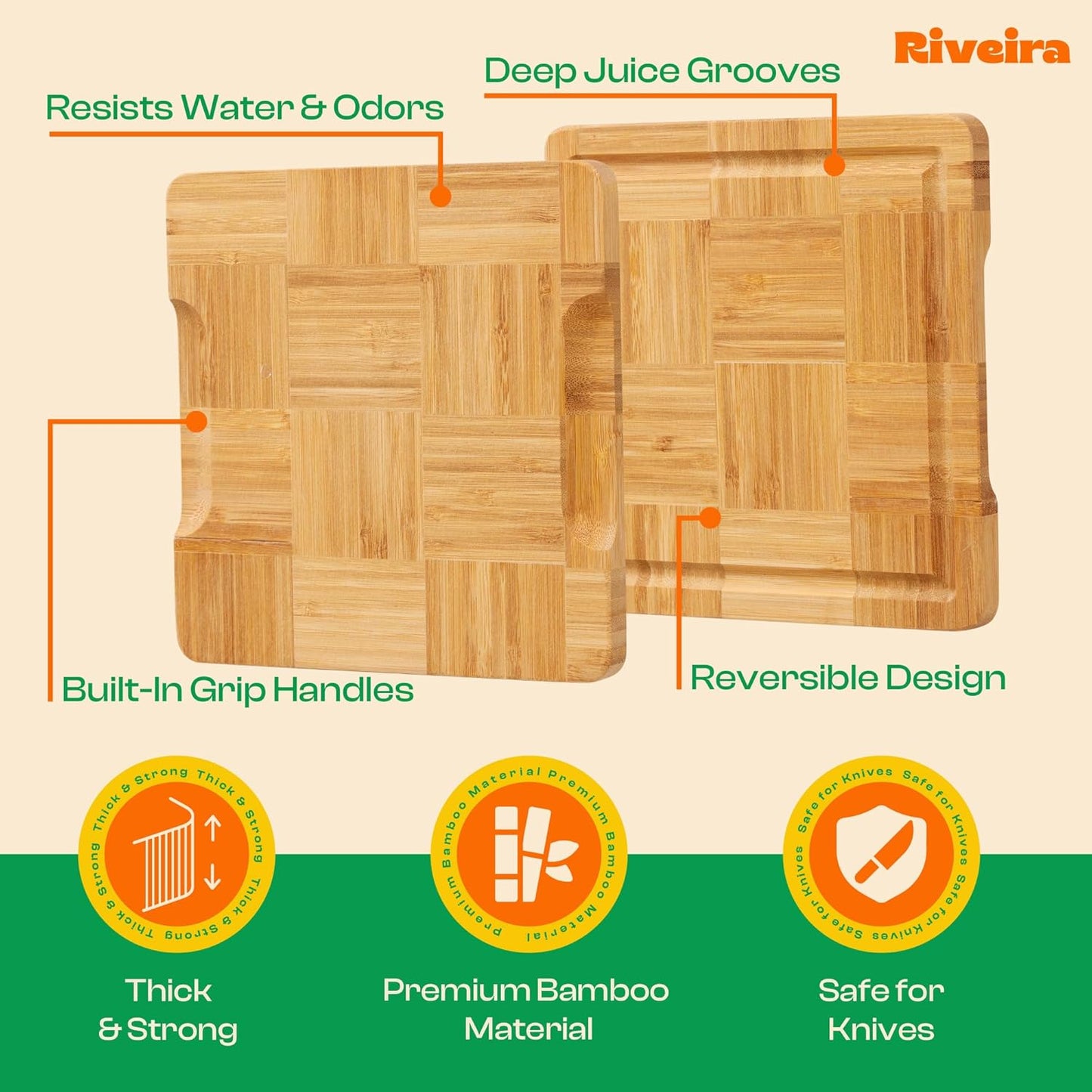 Riveira Bamboo End Grain Wood Cutting Board – Gourmet Bamboo Grandeur: 8 x 8 Wooden Cutting Board – Wooden Cutting Boards For Kitchen Decorative – Innovative Juice Grooves