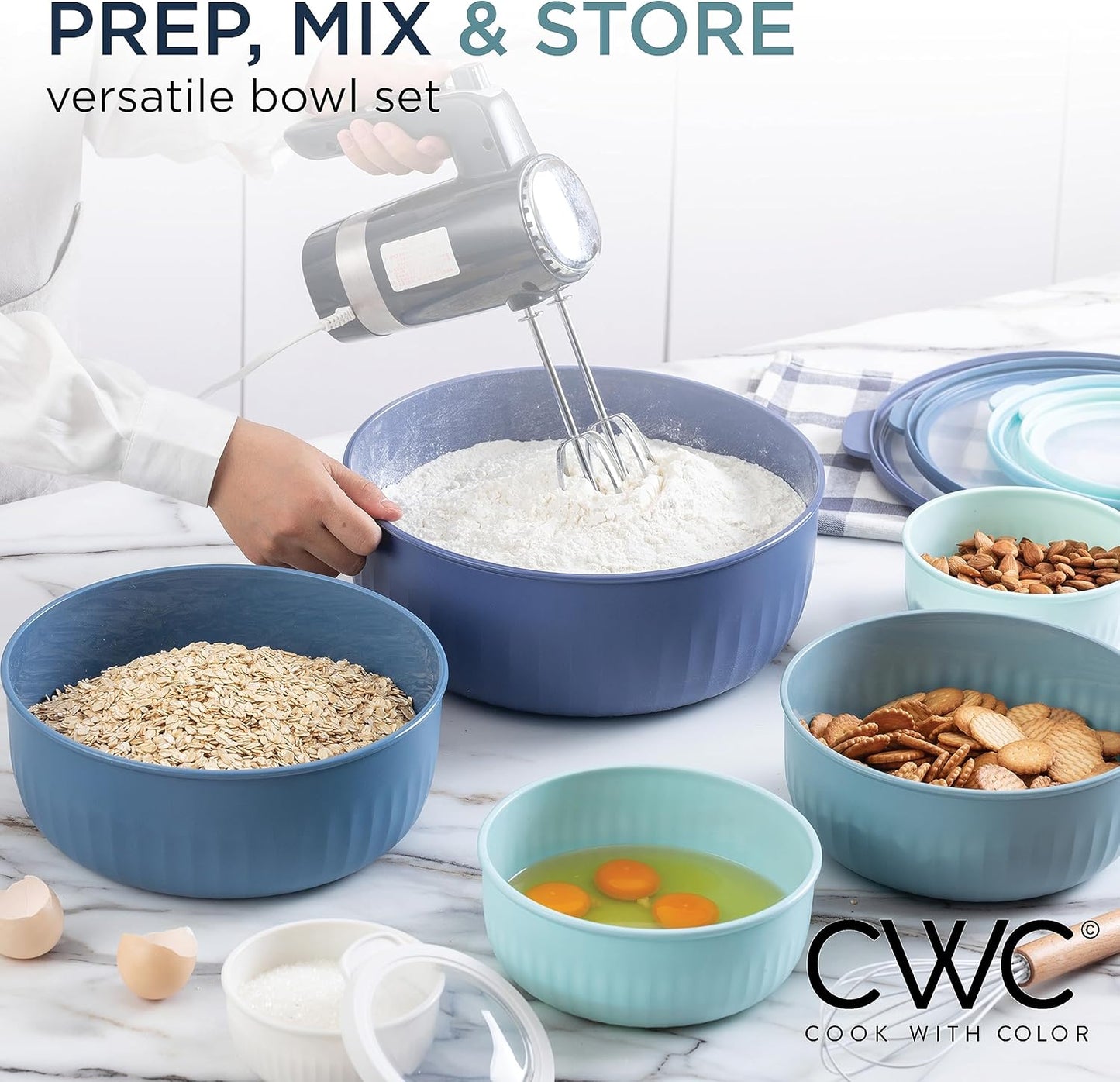 COOK WITH COLOR Prep Bowls with Lids- Wide and Deep Nesting Plastic Small Mixing Bowl Set with Lids, 12 Piece Set - Wide Bowls, Blue