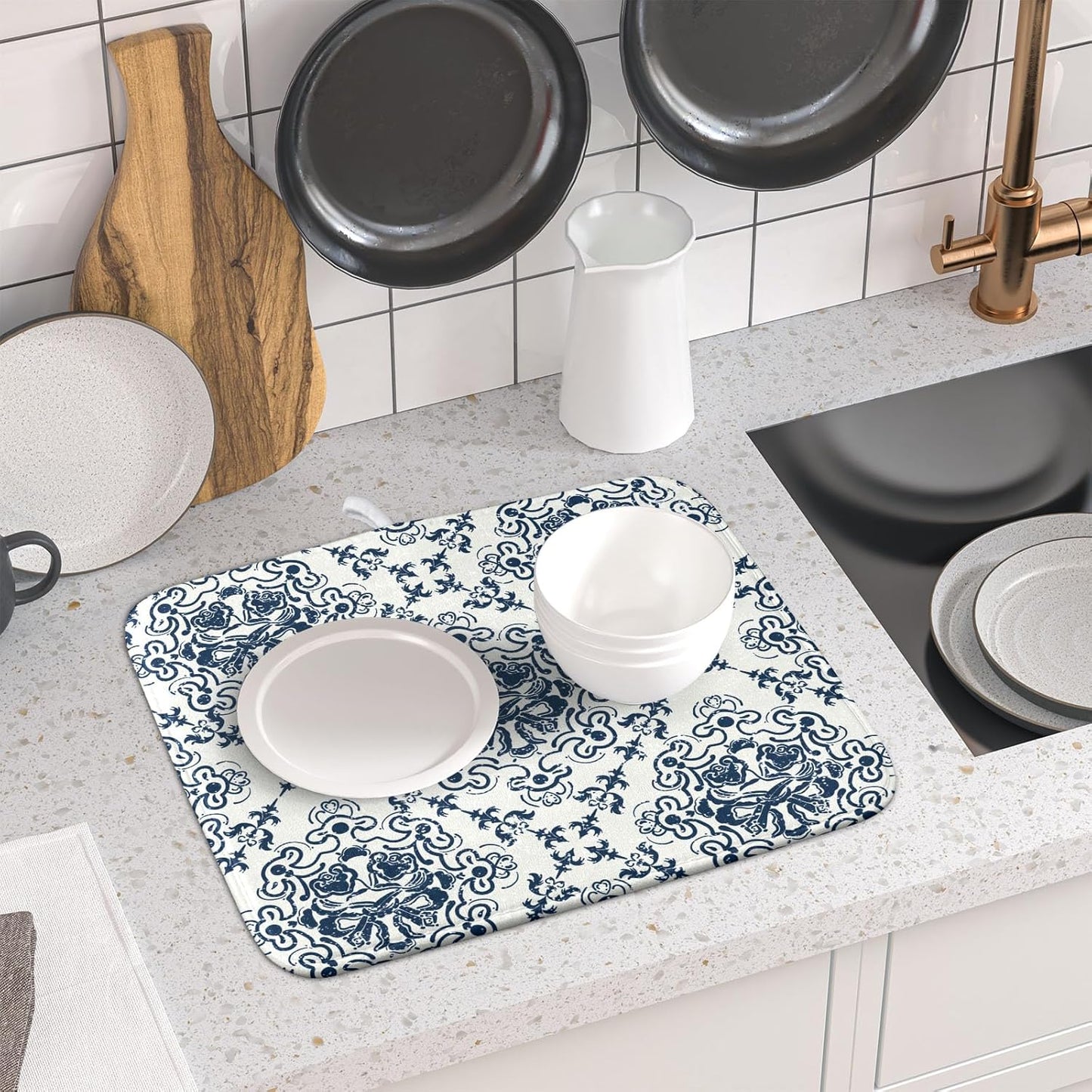 Bohemian Grey Retro Dish Drying Mat for Kitchen Counter,Boho Abstract Flower Art Drying Mat 16 x 18 Inch Microfiber Dish Drying Pad Dish Rack Pad Drainer Mat for Coffee Bar