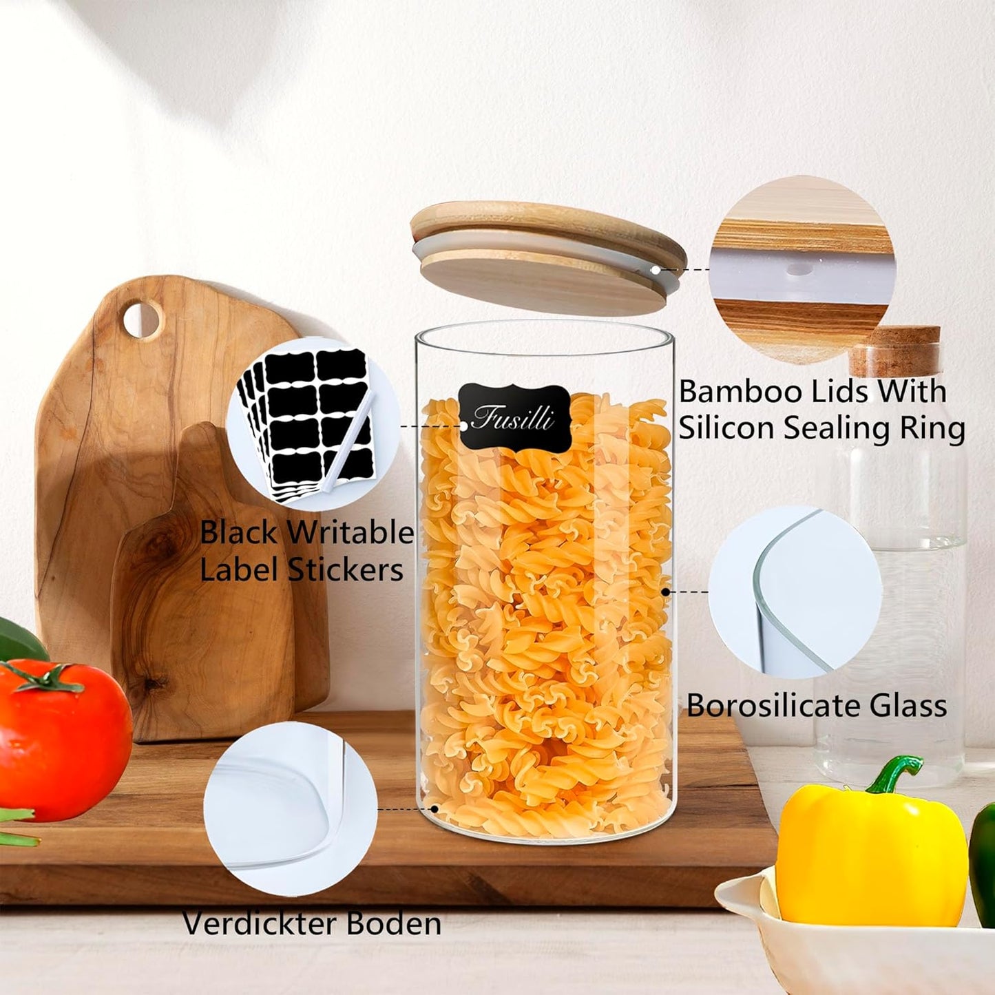 40oz Round Glass Storage Containers with Lids, Clear Food Storage Container Jar with Sealing Bamboo Lid for Noodles Flour Cereal Rice Sugar Tea Coffee Beans, Round Set of 3