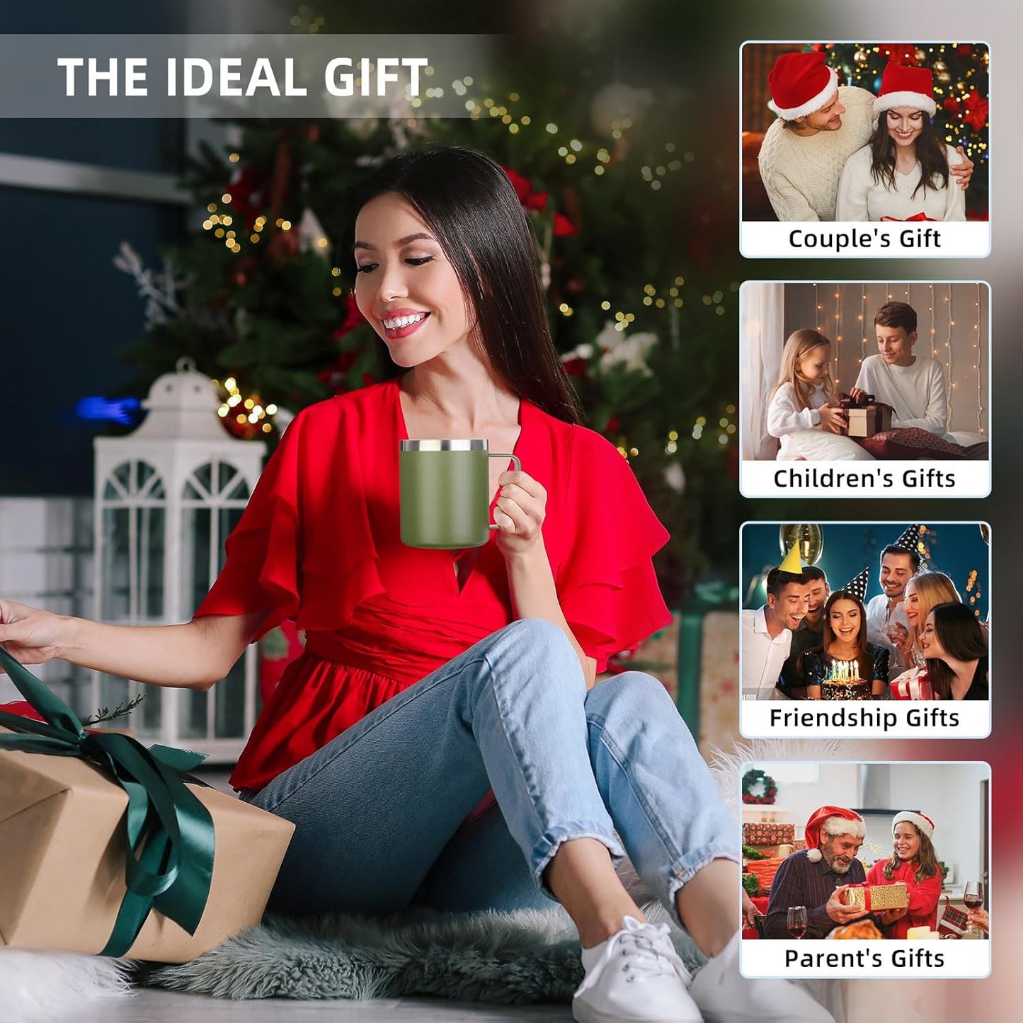 Volhoply 14oz Insulated Stainless Steel Coffee Mug with Leakproof Lid,Double Wall Vacuum Travel Coffee Cup with Handle,Reusable Cups Tumbler,Camping Mugs Keep Hot,Ideal Gifts(Army Green,1)