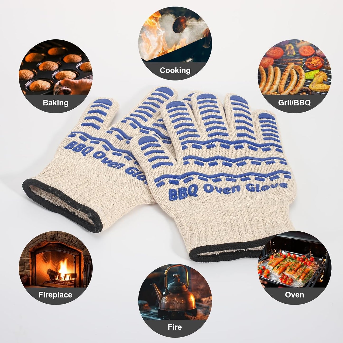 BBQ Gloves 932℉ Heat Resistant Oven Gloves, Cooking Gloves for BBQ, Grilling, Baking,Cutting, Smoker Fireplace-1 Pair(Blue)
