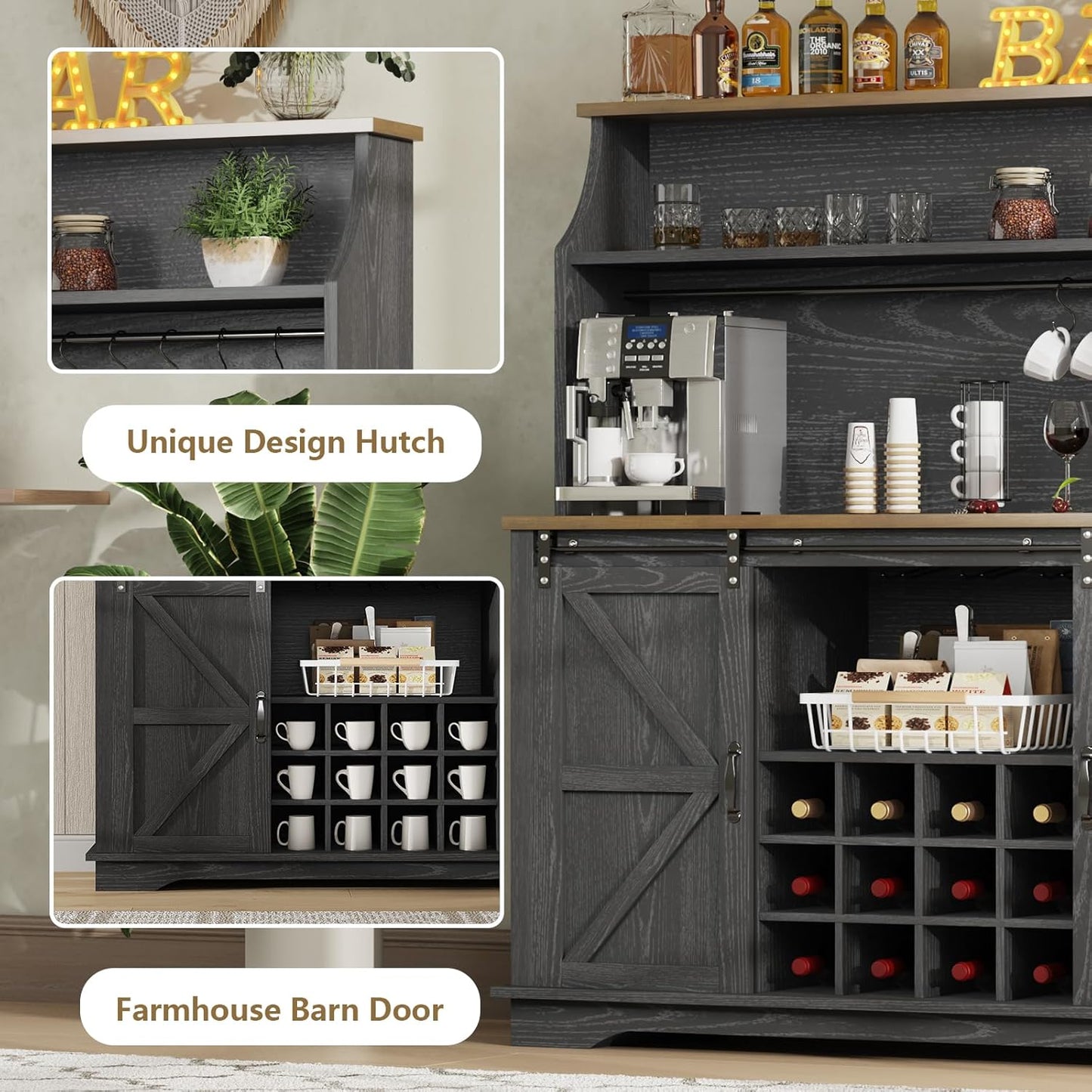 55 Inch Farmhouse Coffee Bar Cabinet with 3-Tier Storage, Kitchen Hutch with 12 Wine Racks & 3 Glass Holders, Coffee Bar with 6 Hooks, Wine Bar Cabinet for Dining Living Room, Black