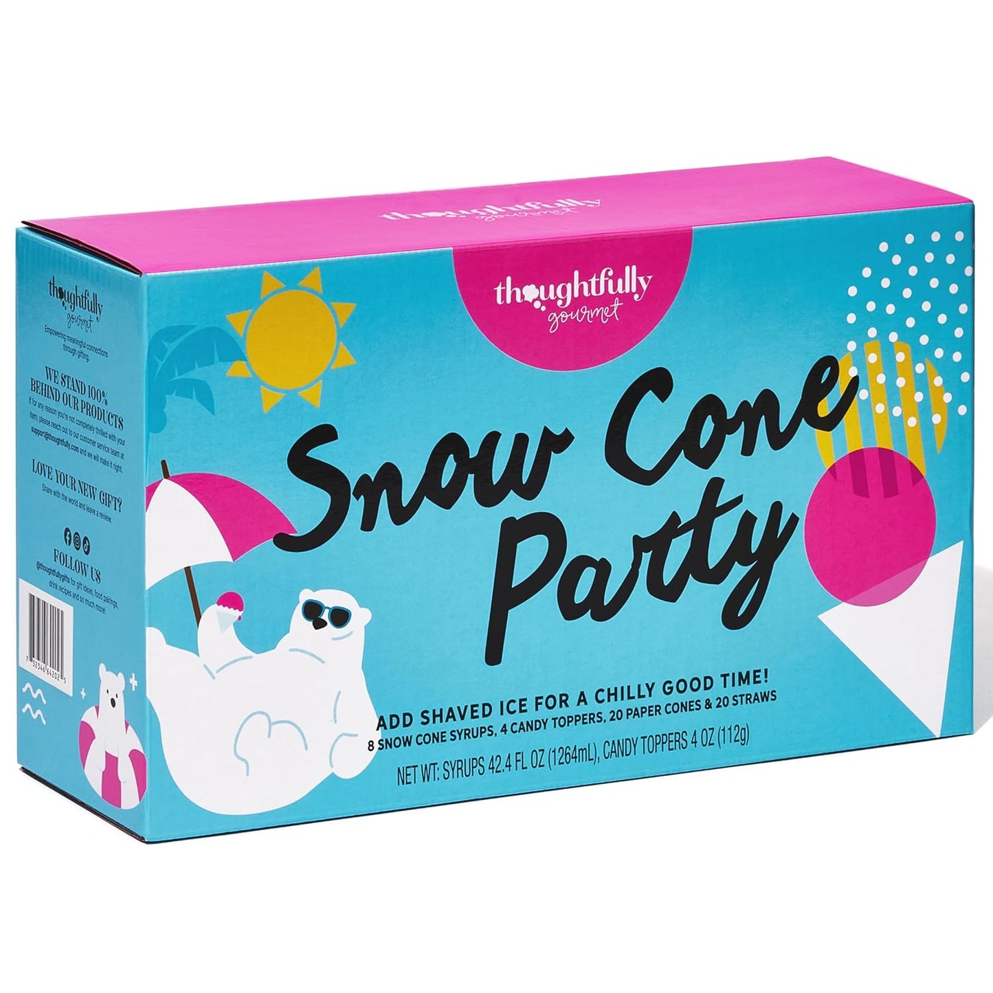 Thoughtfully Gourmet, Snow Cone Party Gift Set, Includes Ingredients for 20 Snow Cones, 8 Flavored Syrups, Toppings, and Paper Cups, Set of 20