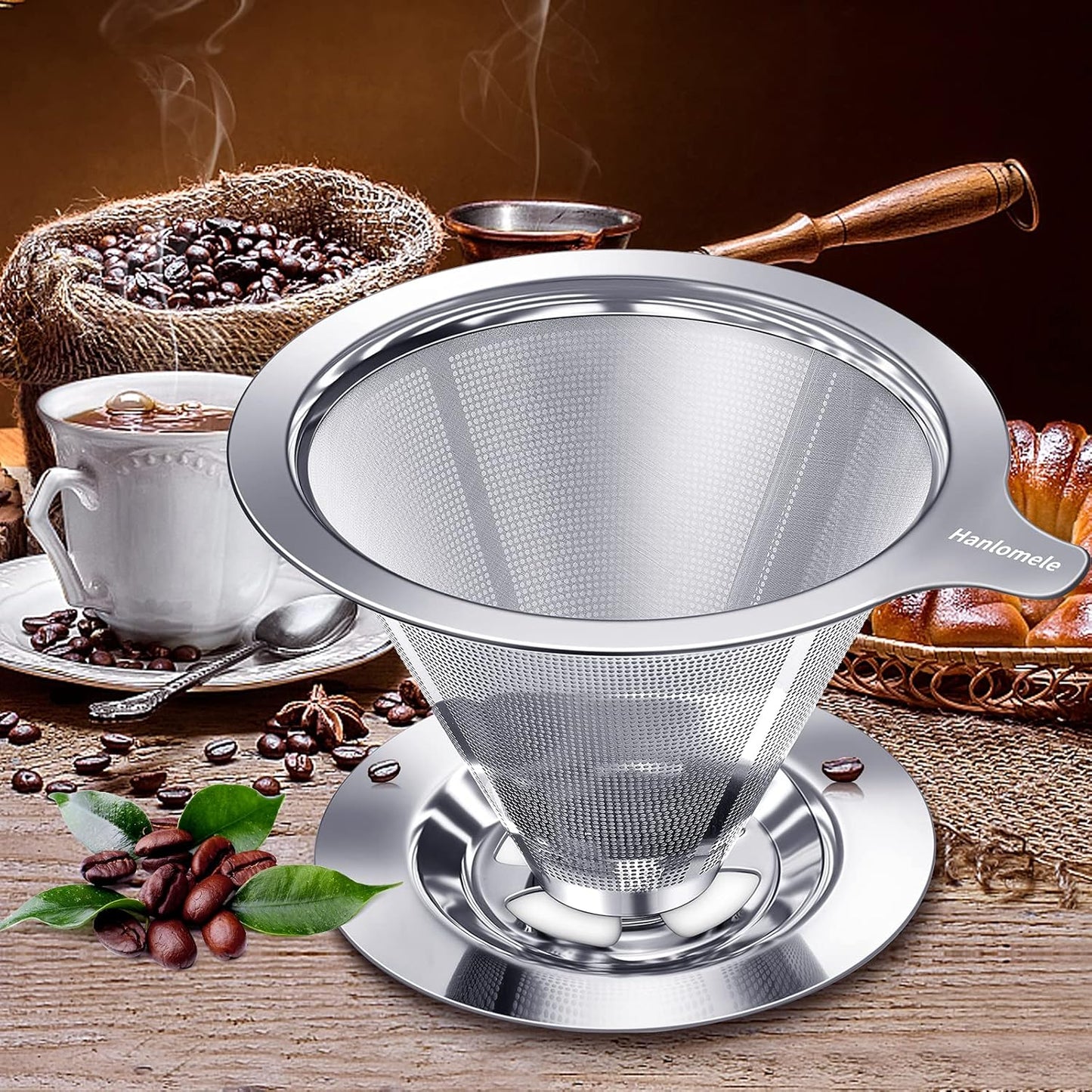 Pour Over Coffee Dripper, Paperless Reusable Coffee Filter, Pour Over Coffee Maker for Single Cup Brew, Double Mesh Design of Stainless Steel Cone Filter for Perfect Extraction (1-2 Cup)