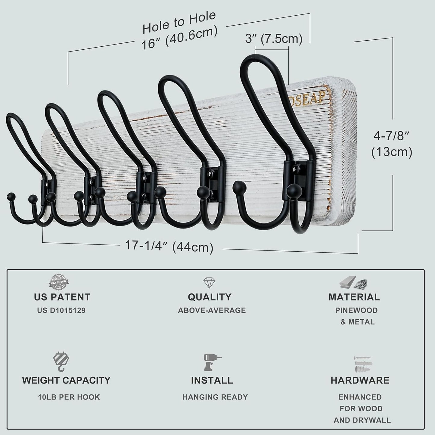 Dseap Coat Rack Wall Mounted - Heavy Duty Farmhouse Rustic Wall Coat Hanger with 5 Wire Hooks for Clothes Hat Jacket Towel, RusticWire, J1-5A, Whitewash & Black, Pack of 2