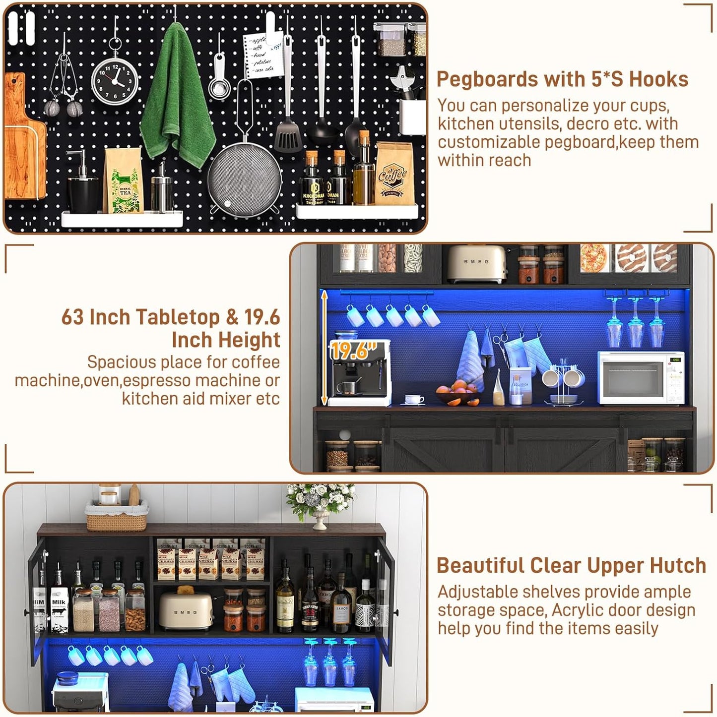 74" Tall 63" Wide Larg Bar Cabinet w/ Outlet,6000-color LED Light,Pegboard,Farmhouse Hutch Bar Cabinet w/Barn Door,2 Big Drawers,Adjustable Shelves,10 Wine & Glasses Rack,5 Hook for Kitchen,Black