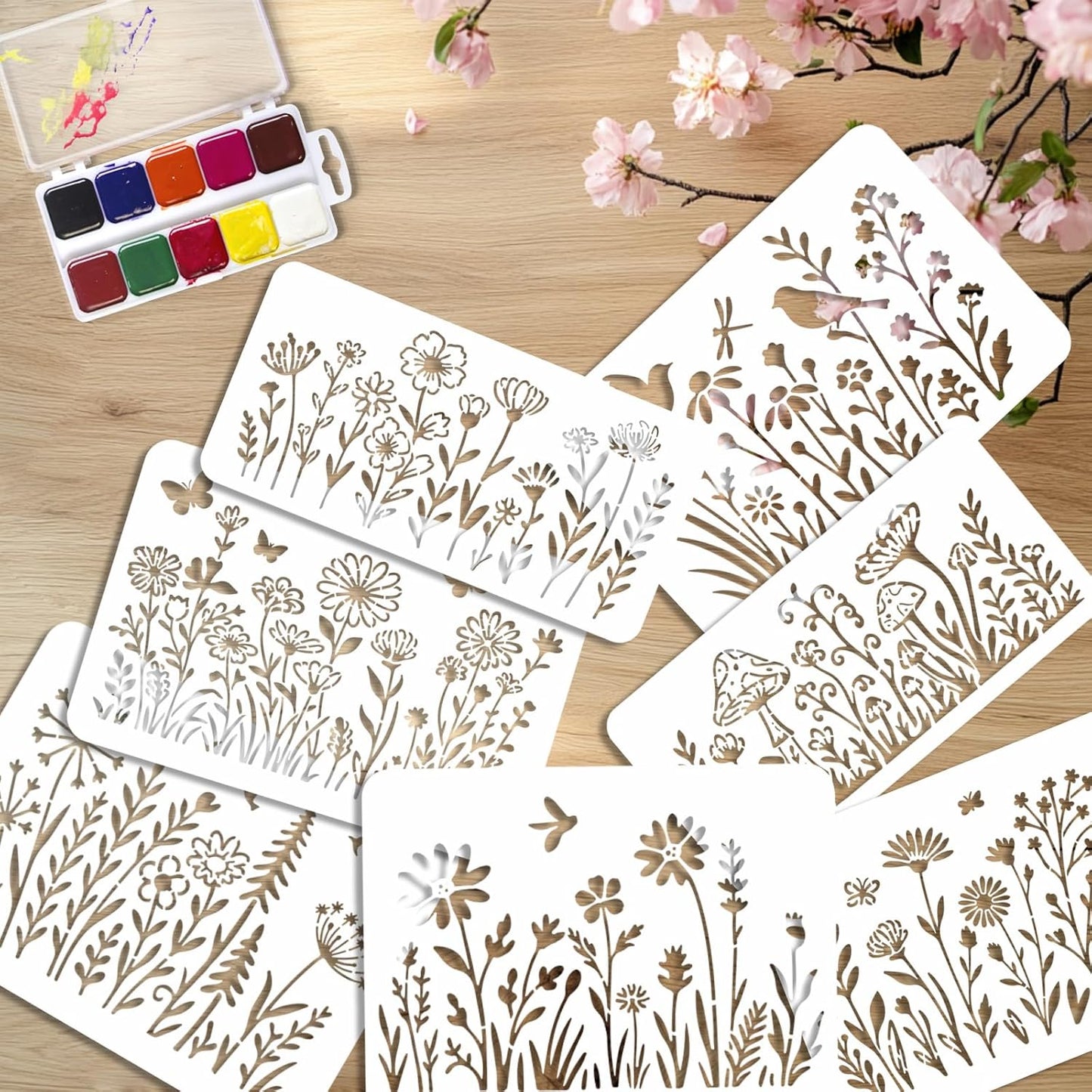 16PCS Large Flower Stencils for Painting Wildflower Stencils with Brushes Floral Spray Paint Stencil Reusable Drawing Template for Walls Garden Fence Furniture Card