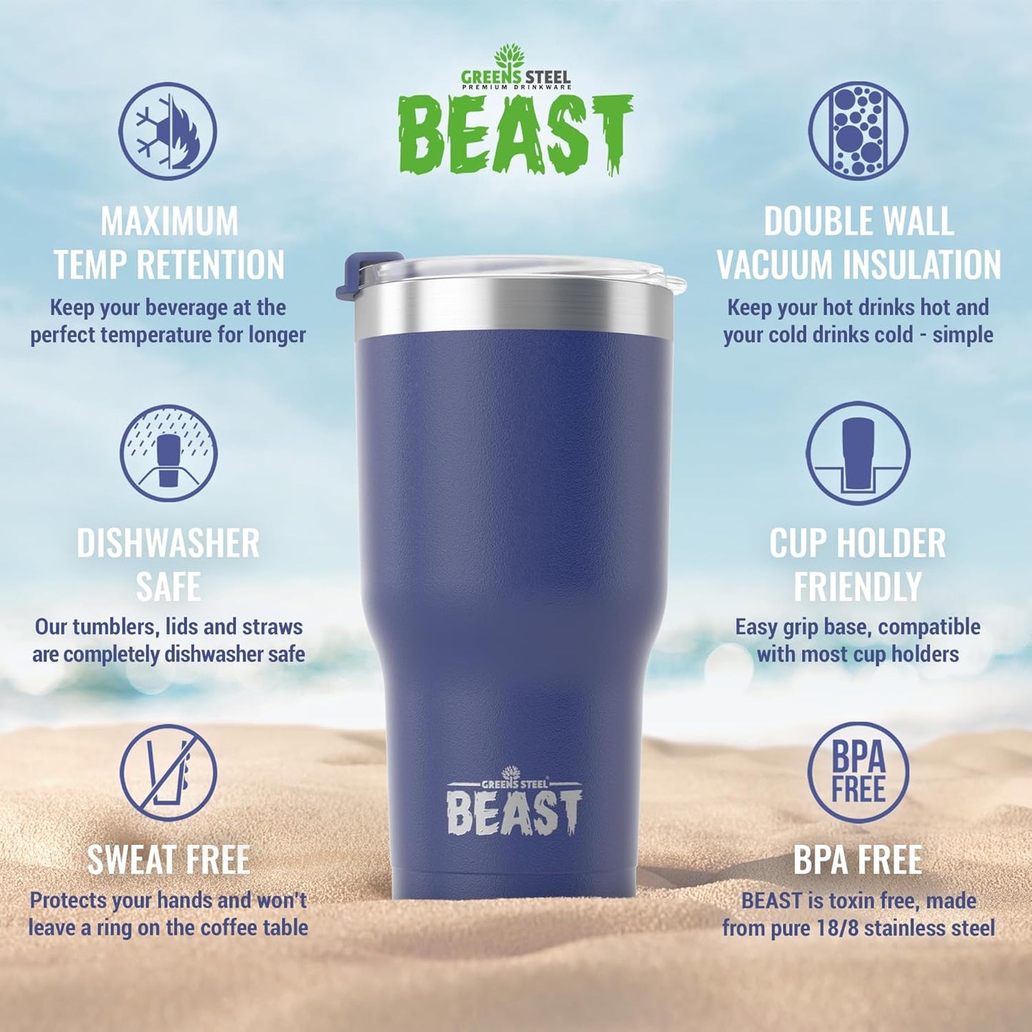 Beast 30 oz Tumbler Stainless Steel Vacuum Insulated Coffee Ice Cup Double Wall Travel Flask (Royal Blue)