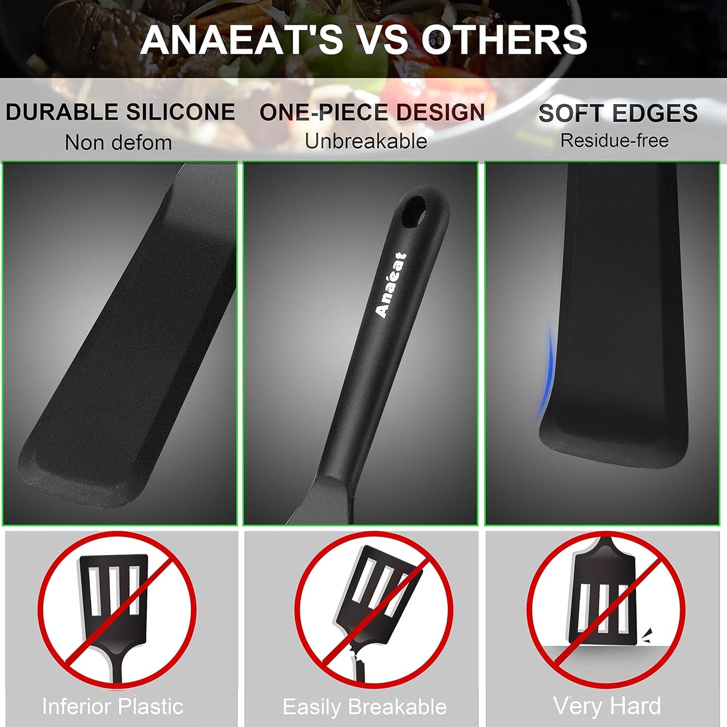 Anaeat Silicone Thin Spatula Set of 2 - Mini Brownie Serving Spatulas - Non Stick Spurtle Turner for Easy Cooking Eggs, Omelet, Pancake, Burgers, Pizza, Steak, Crepes, Heat Resistant & BPA Free