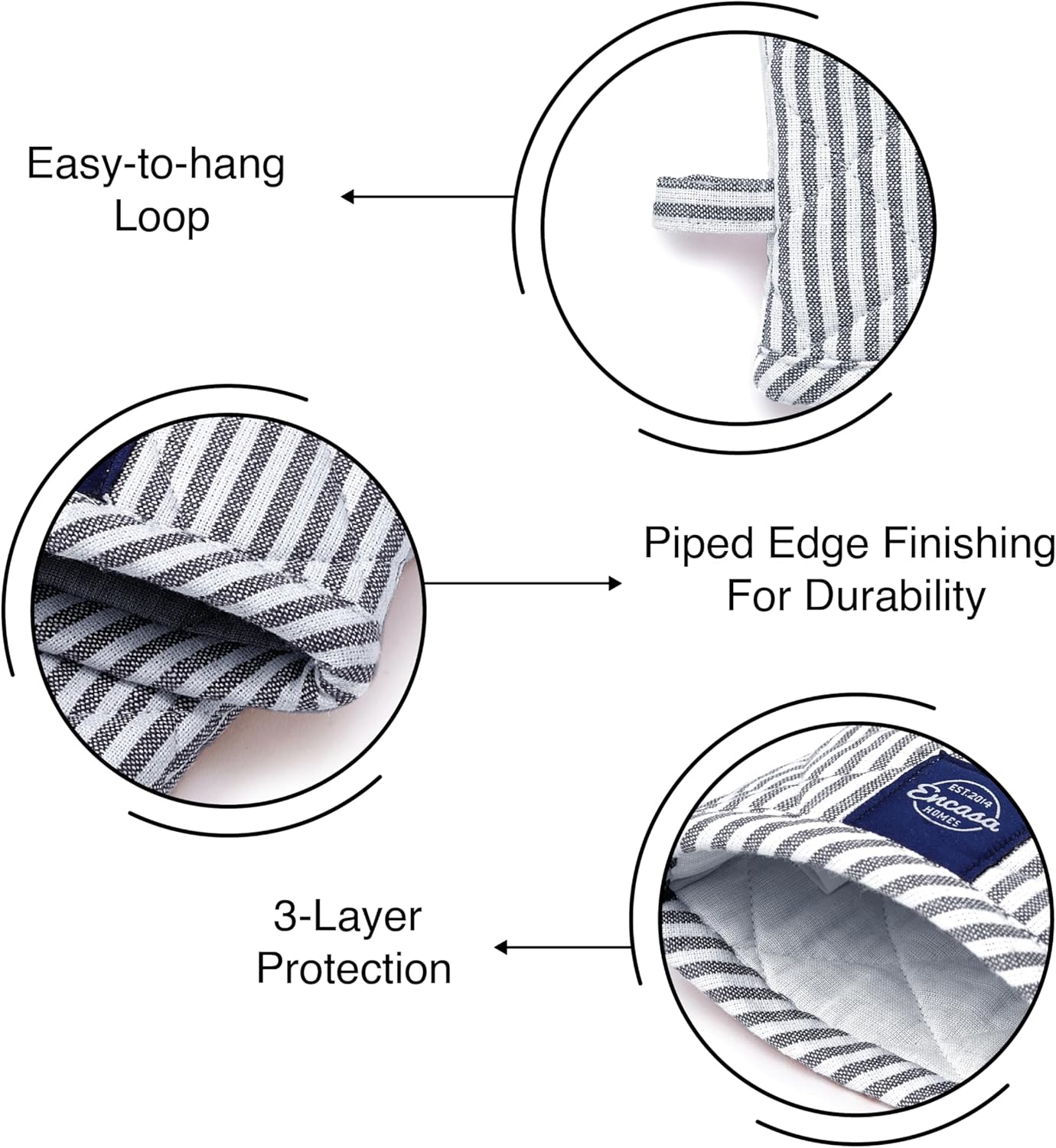 Encasa Homes Long 12"x7" Oven Microwave Hand Gloves Mitts (2 pc Set) for Kitchen Cooking & Baking - Heat Resistant, Thick & Safe, Protection of Hands from Hot Utensils - Ticking Navy Blue