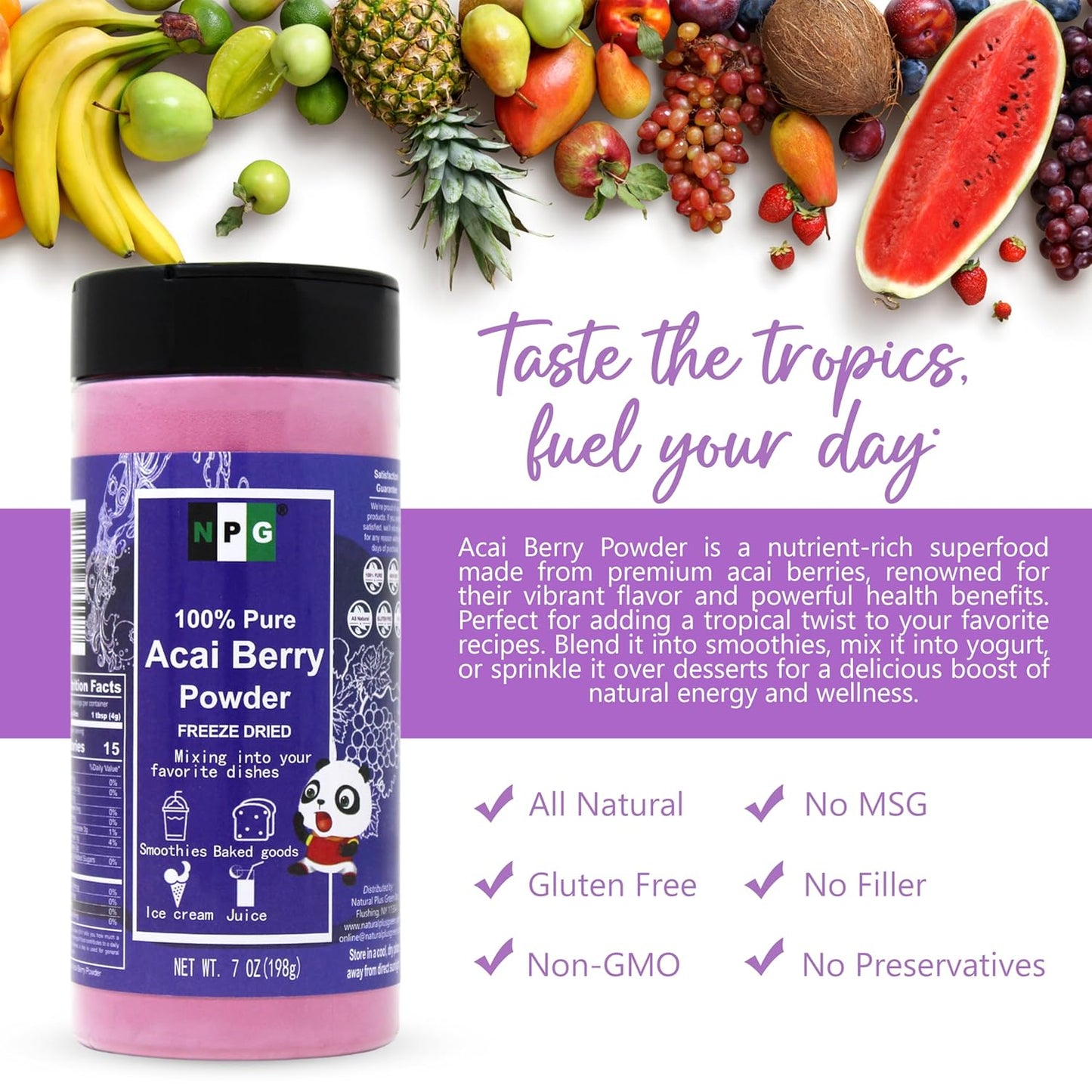 NPG Freeze-Dried Acai Berry Powder 7 Oz, Seedless Superfood with a Fine Powder Texture for Smoothies, Drinks, and Natural Food Coloring, Non-GMO, No Added Sugar, No Preservativesthi