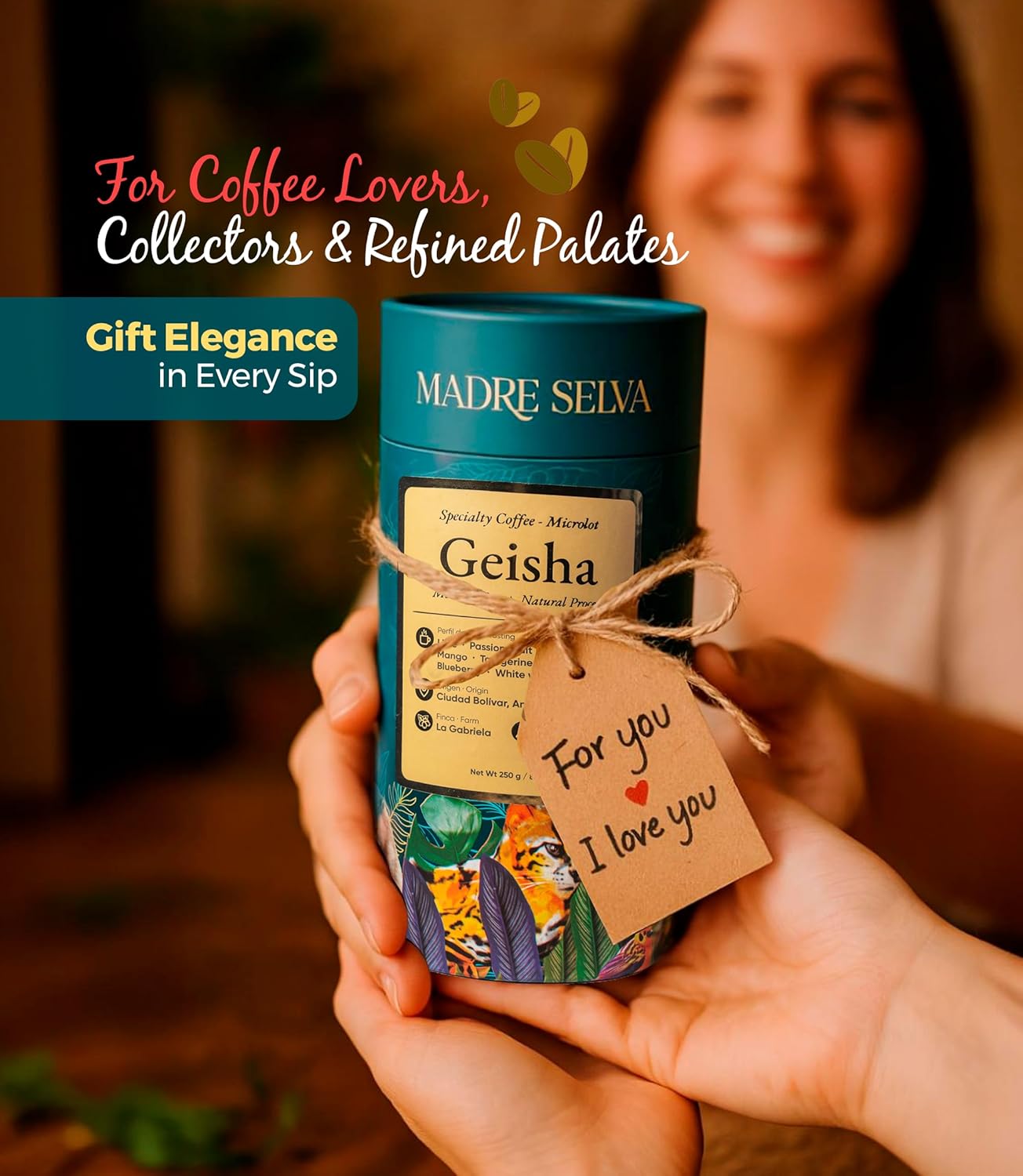 Colombian Geisha Coffee Whole Bean Medium Roast Arabica Gourmet Fresh Single Origin Premium Low Acid Exotic Notes Rich Aroma Smooth Flavor Quality High Altitude Giftable Pack Freshness Lock 8.8oz 250g