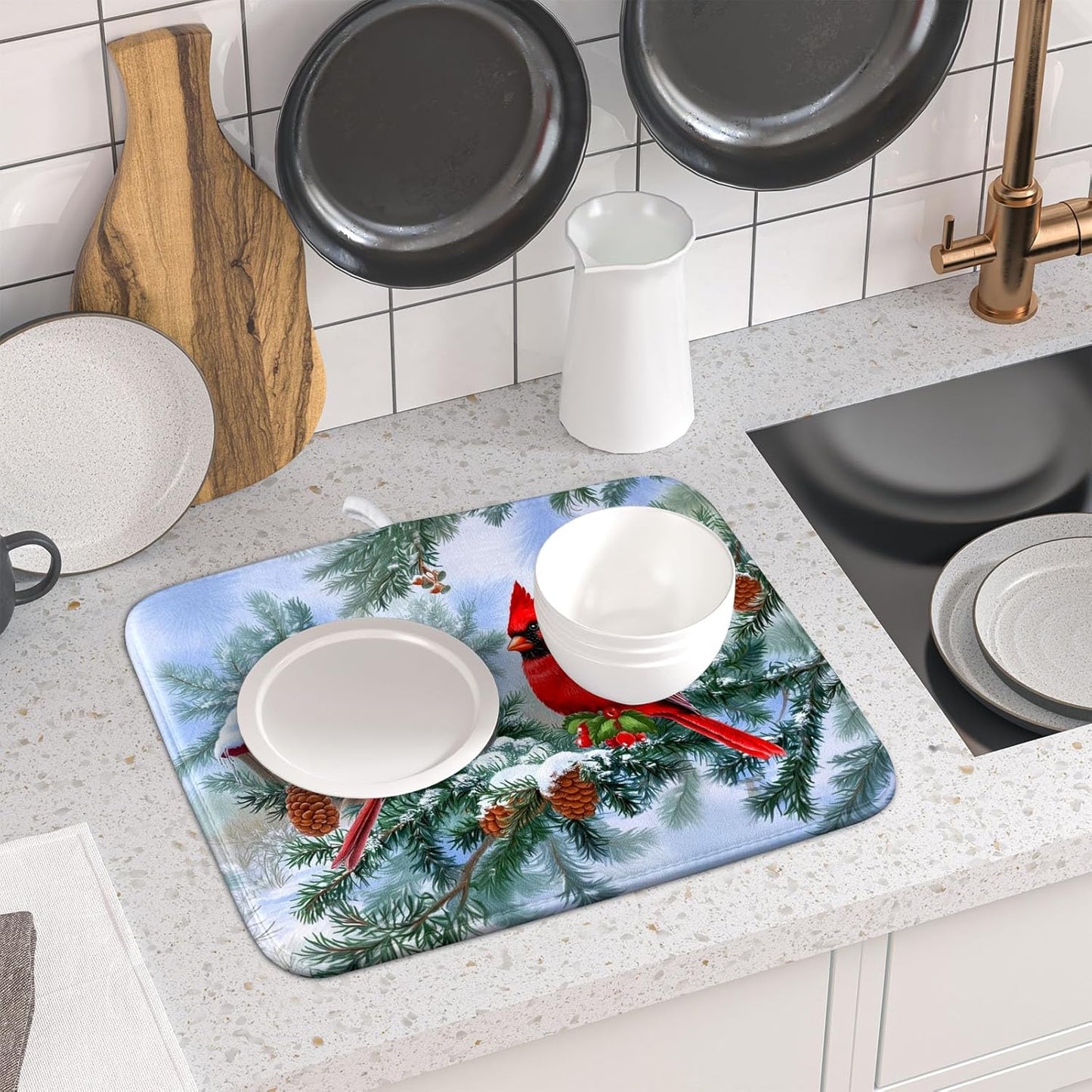 Winter Red Cardinal Bird Dish Drying Mat for Kitchen Counter,Holly Berry Branches Xmas Snowflake Cabin Drying Mat 16 x 18 Inch with High Absorbent Microfiber Drainer Mat for Coffee Bar