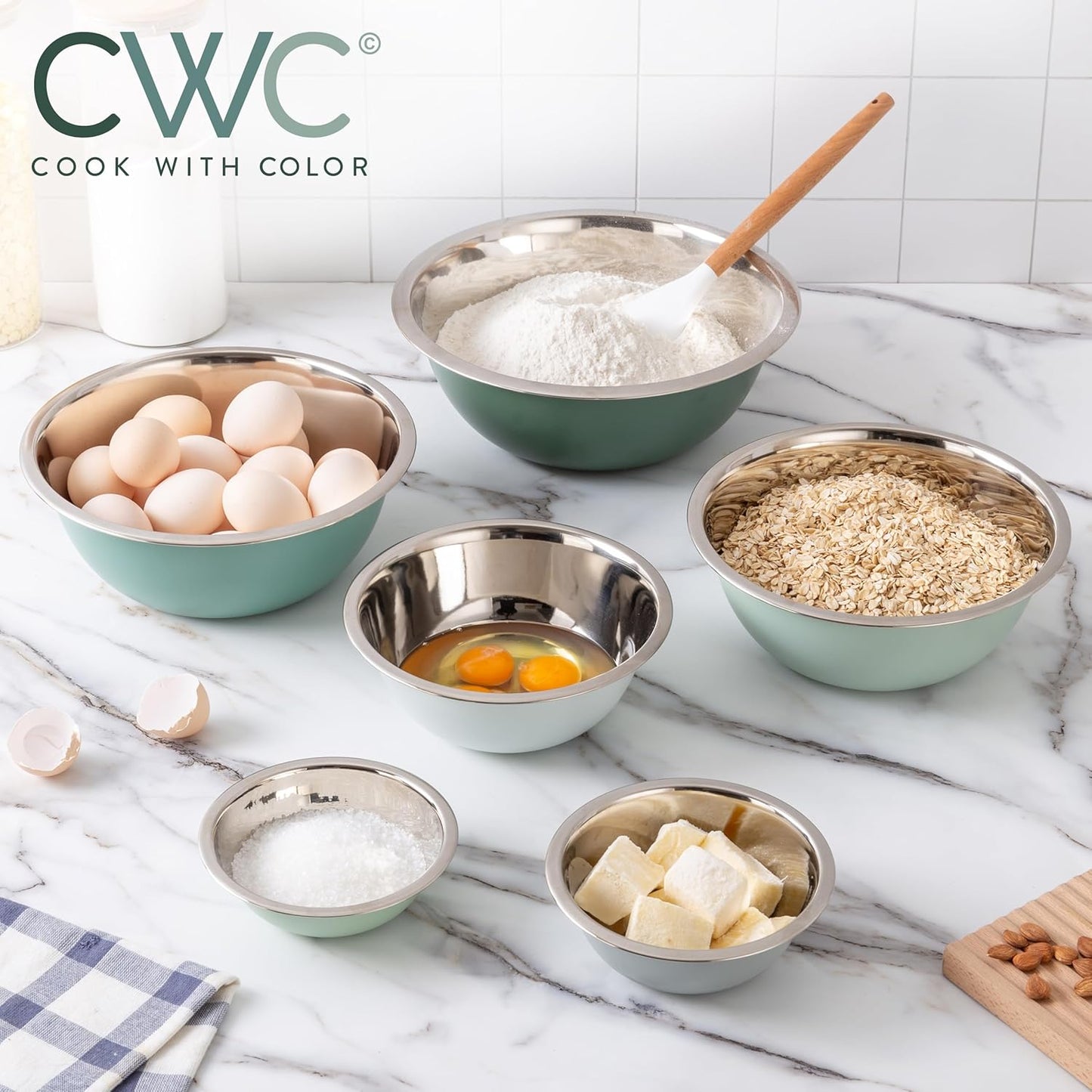 COOK WITH COLOR Stainless Steel Mixing Bowls Set - Nesting Bowls, 6 Pieces, Green