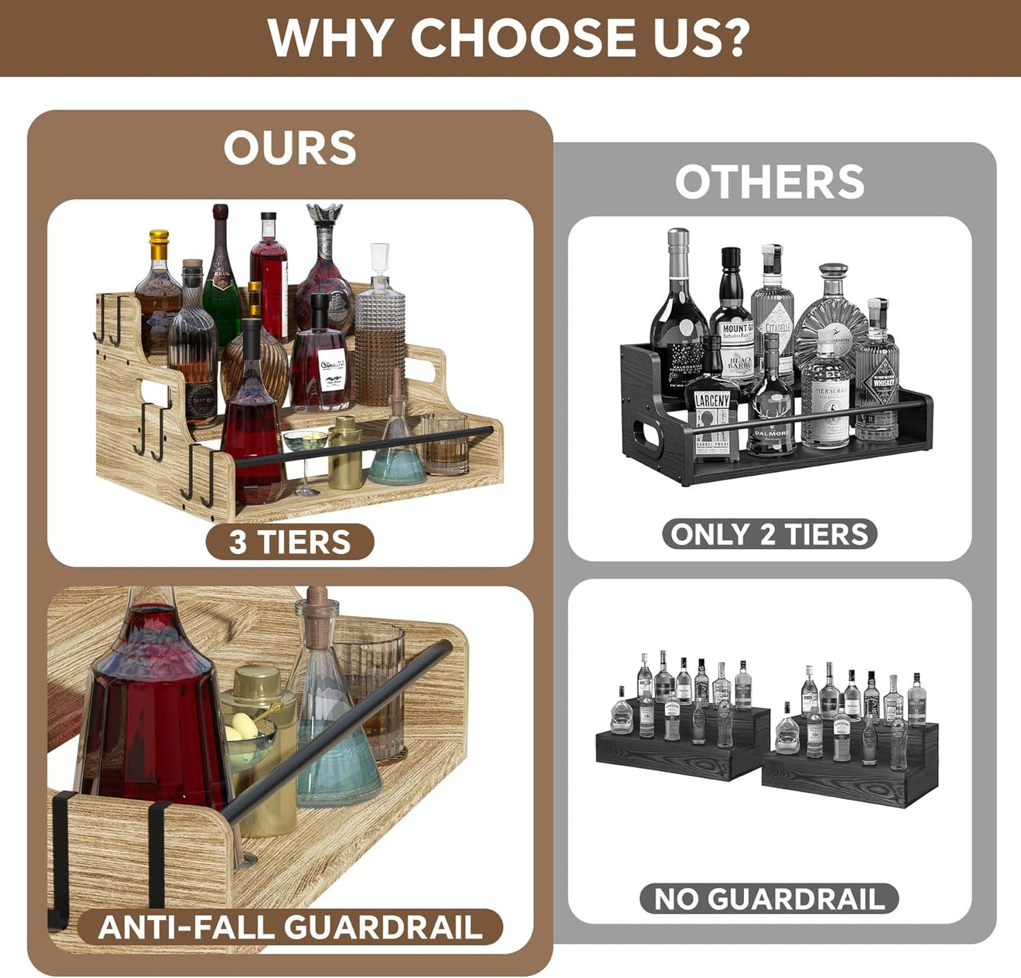 3-Tier Liquor Bottle Display Shelf, Bar Stand for Whiskey, Spirits, Coffee Syrup Rack Organizer, Countertop Wine Rack for Home, Mini Coffee Bar, Small Liquor Cabinet and Kitchen Light Brown