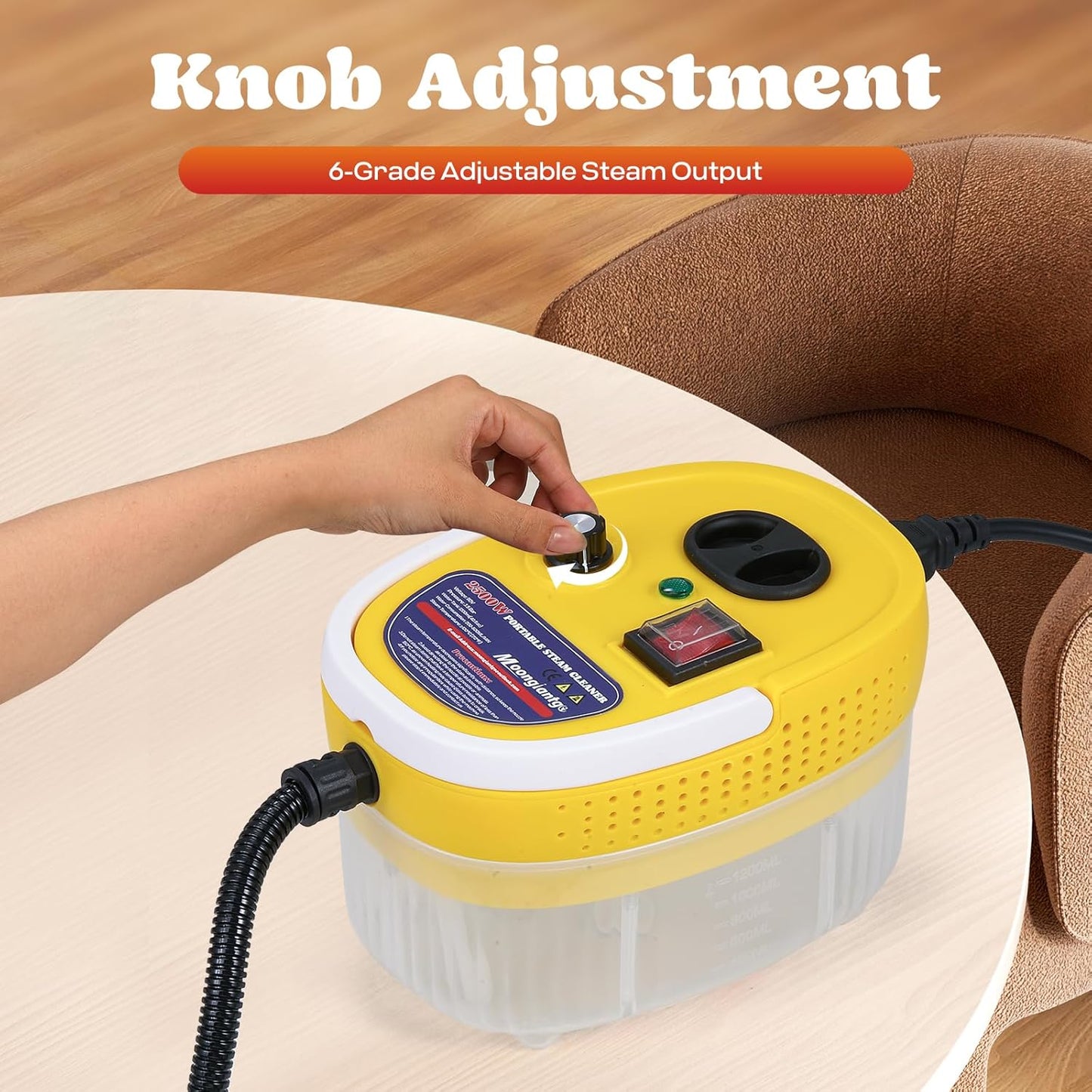 Moongiantgo Handheld Steam Cleaner, 2500W High Pressure Steamer for Cleaning, Portable Pressurized Cleaning Machine for Home Kitchen Car Detailing Grout Tile Bathroom with 1200ml Water Tank (Yellow)