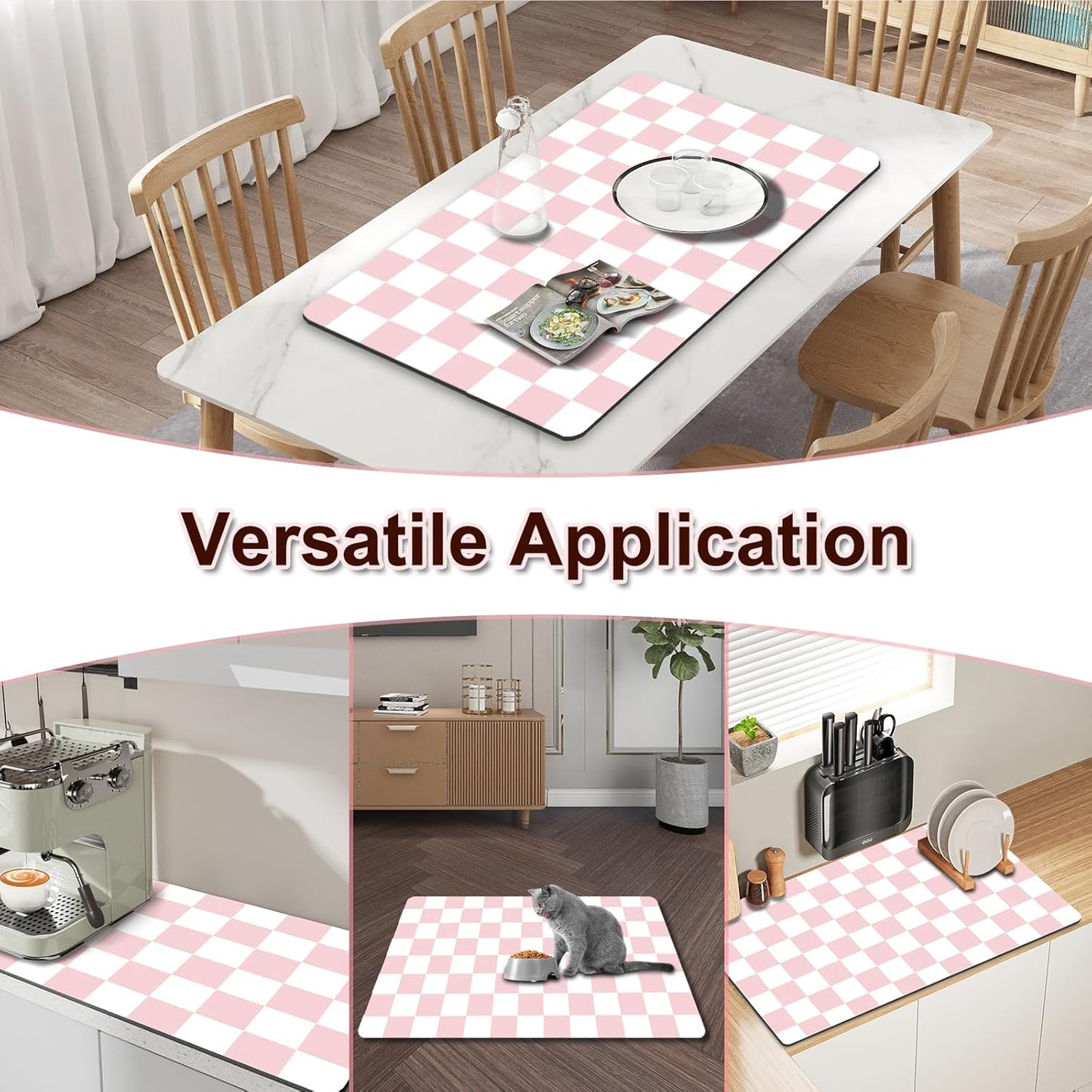 Dish Drying Mat for Kitchen, 15.7’’ X 17.7’’ Coffee Bar Mats for Countertop Fit Under Coffee Maker, Checkered Drying Mat, Hide Stain Rubber Backed Espresso Machine Absorbent Drying Pad, Pink & White