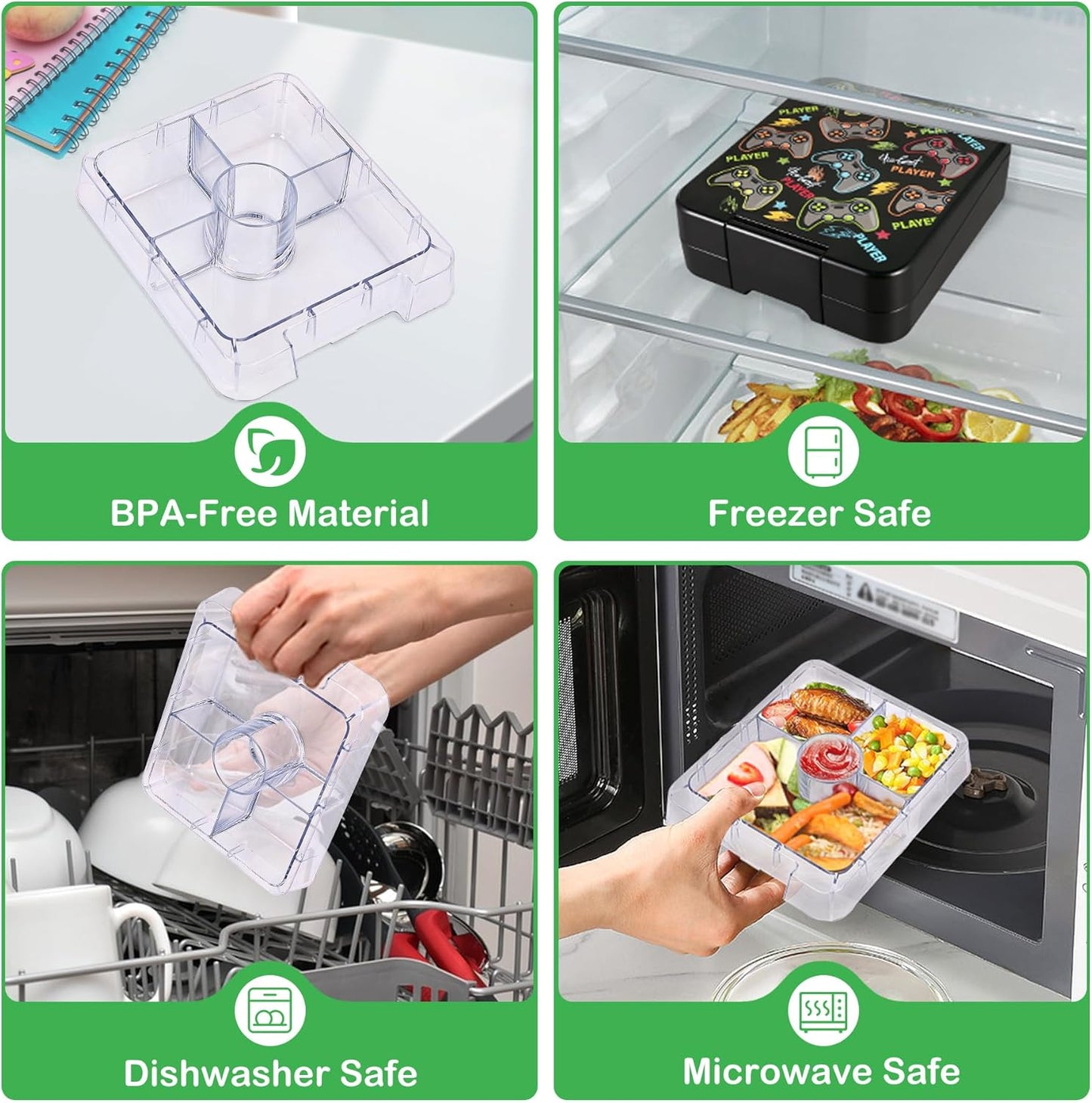 Bento Lunch Box Set With 10oz Soup Thermo, Leak-proof Lunch Containers with 4 Compartment, Kids Hot Thermo Food Jar/Insulation Lunch Bag, Food Containers for School (Black-Games)