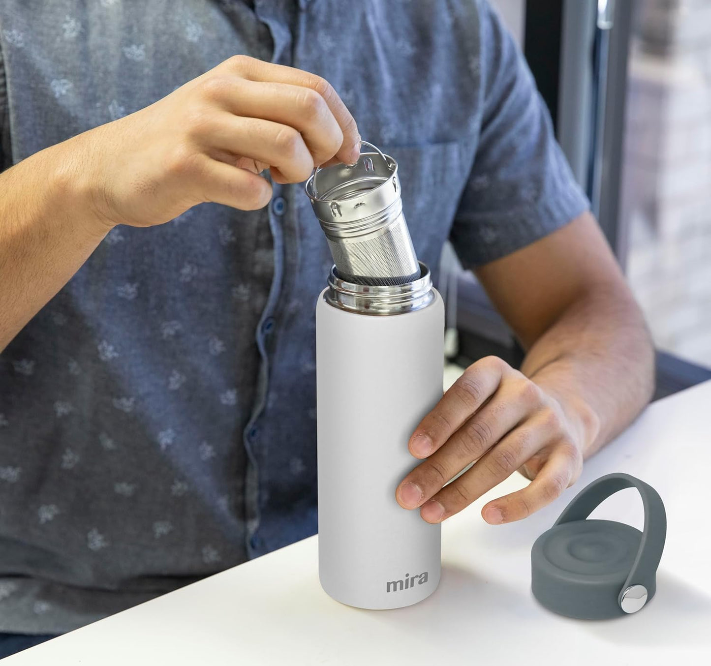 MIRA 18 oz Tea Infuser Thermos - Stainless Steel Travel Bottle with Removable Strainer for Loose Leaf Tea - Insulated Hot & Cold Brew Steeper - White