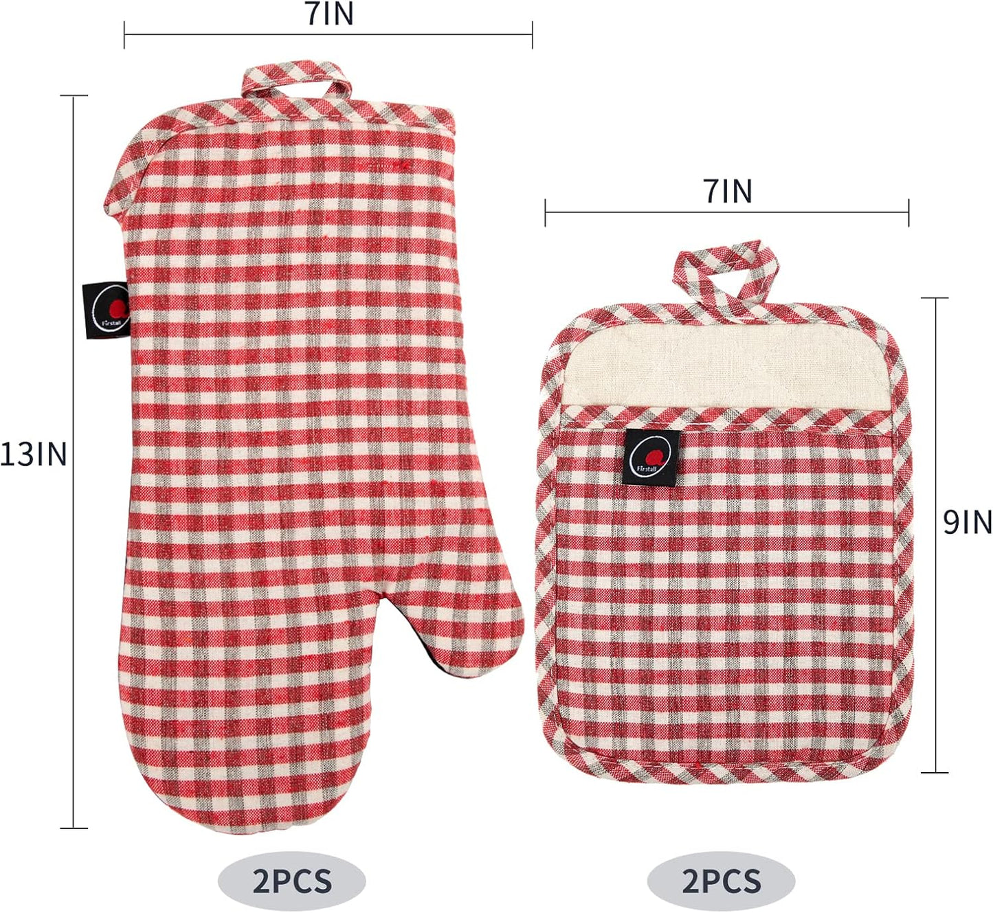 Oven Mitts and PotHolders Sets, 4 Pcs Kitchen Oven Glove High Heat Resistant 400°F Pot Holders for Kitchen, Non-Slip Neoprene Oven Mitts are Suitable for Cooking, Baking (Red Grid)