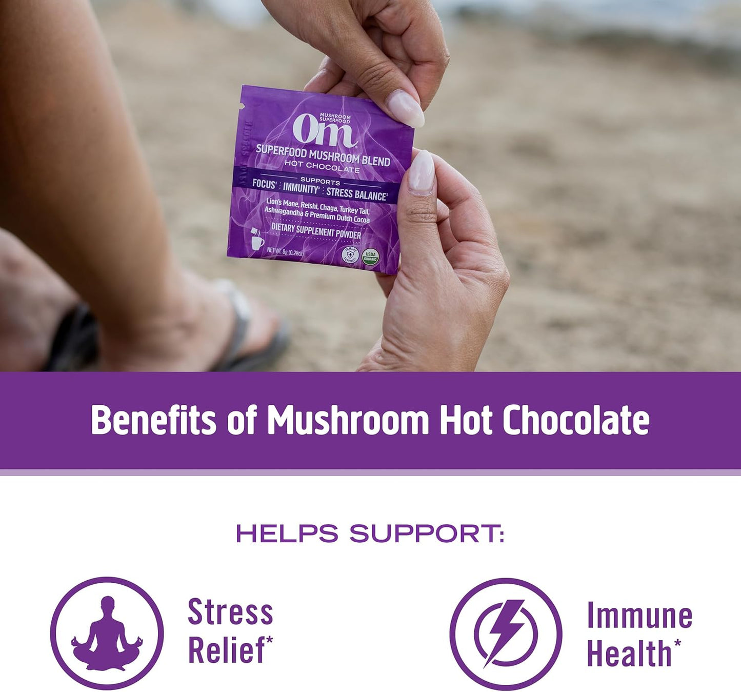 OM MUSHROOM SUPERFOOD Hot Chocolate Blend Mushroom Powder, Single Serve, 10 Count, Dutch Cocoa, 2g of Sugar, 25 Calories, Lion's Mane, Reishi, Chaga, Turkey Tail, Focus and Stress Support