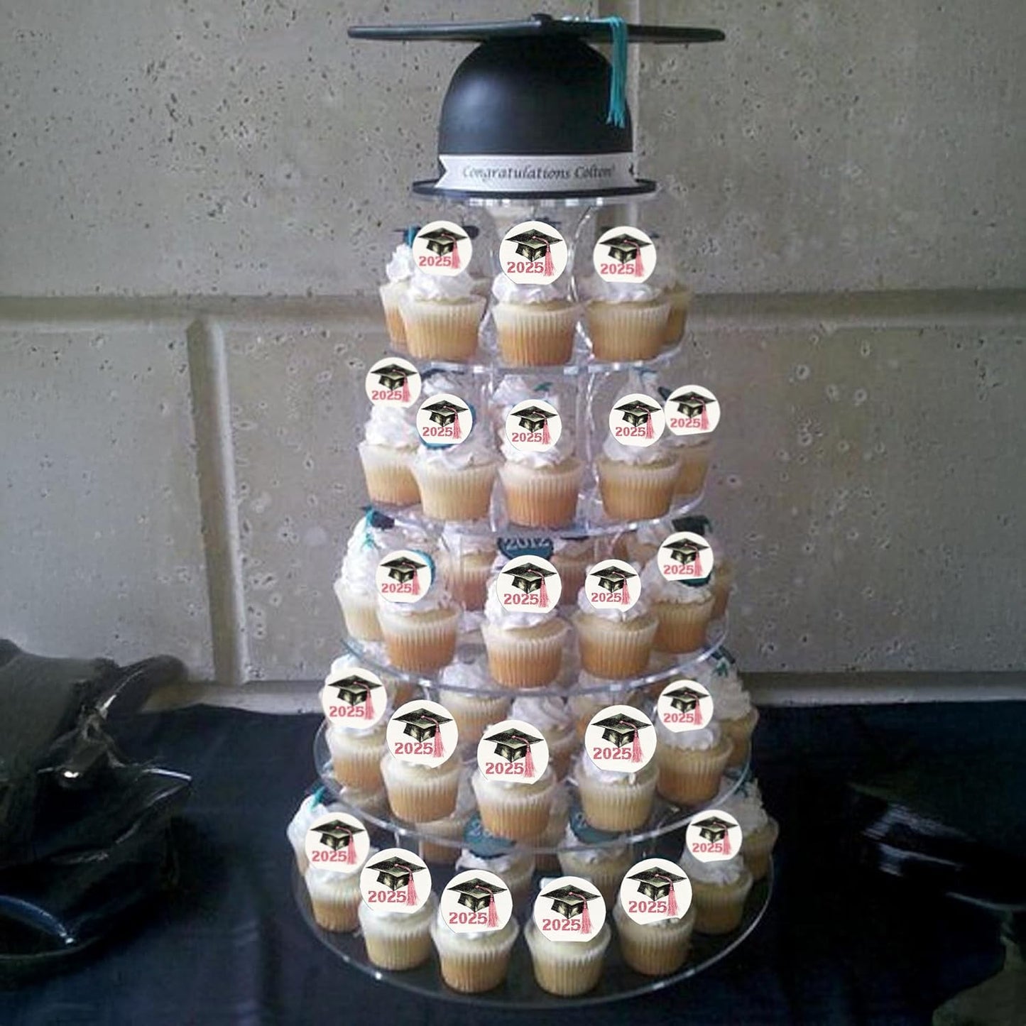 Gyufise 48Pcs Edible 2025 Graduation Cap Cupcake Toppers Wafer Paper Class of 2025 Grad Cap Cupcake Picks for 2025 Graduation Theme Party Cake Decorations Supplies Pink