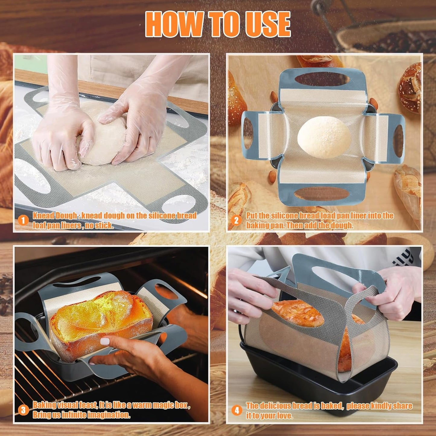 Reusable Silicone Bread Loaf Pan Liner, Food-Grade Silicone Bread Sling, Sourdough Bread Baking Mat, Non-Stick &Easy Clean Dough Transfer Tool, Fits 9x5" or 1.5lb Loaf Pans, Grey & Orange, 2PCS