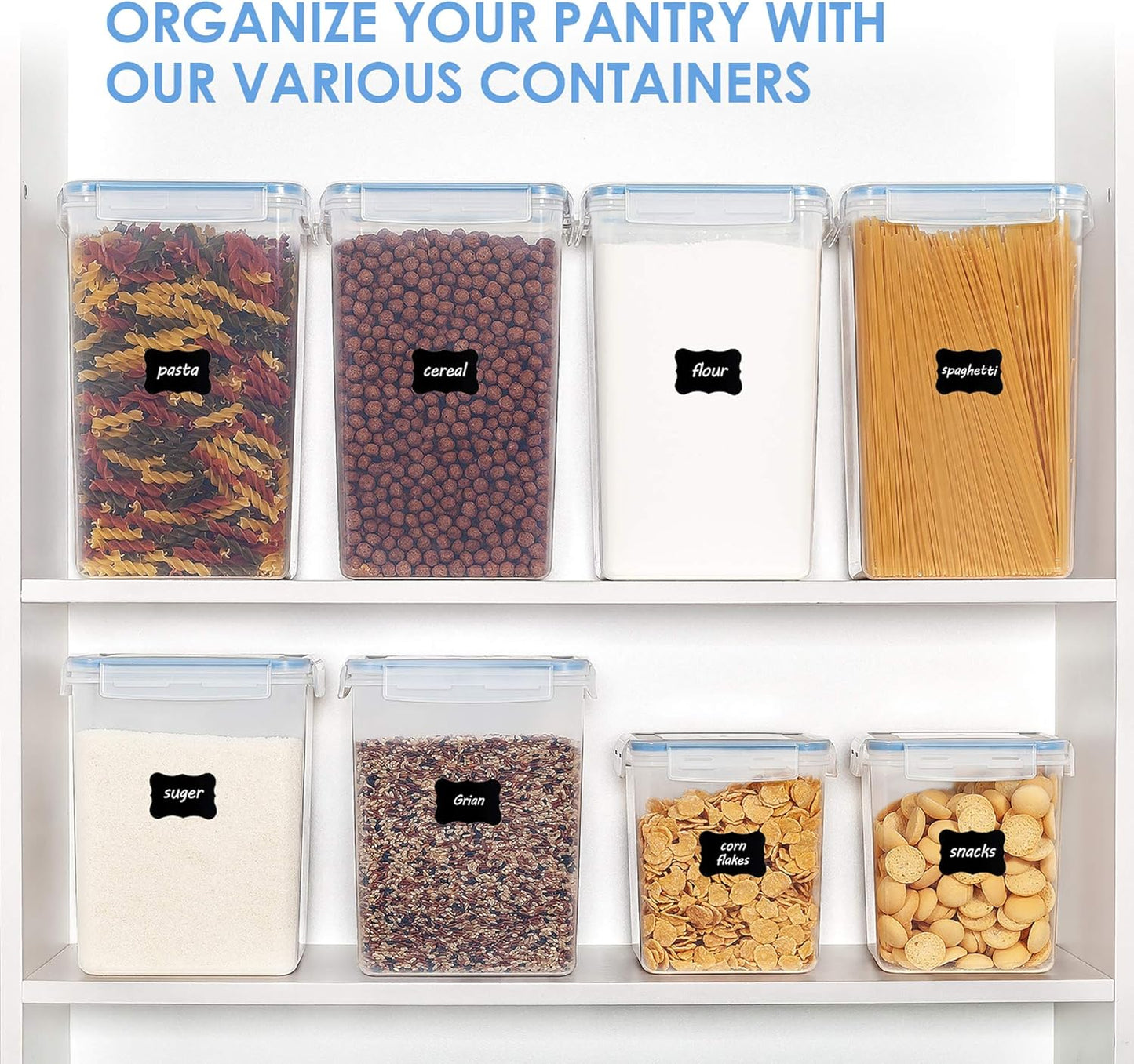 Vtopmart Extra Large Tall Airtight Food Storage Containers 4 Pieces 5.9qt / 6.5L-Plastic PBA Free Kitchen Pantry Canister for Spaghetti, Flour and Baking Supplies - Include 24 Labels, Blue