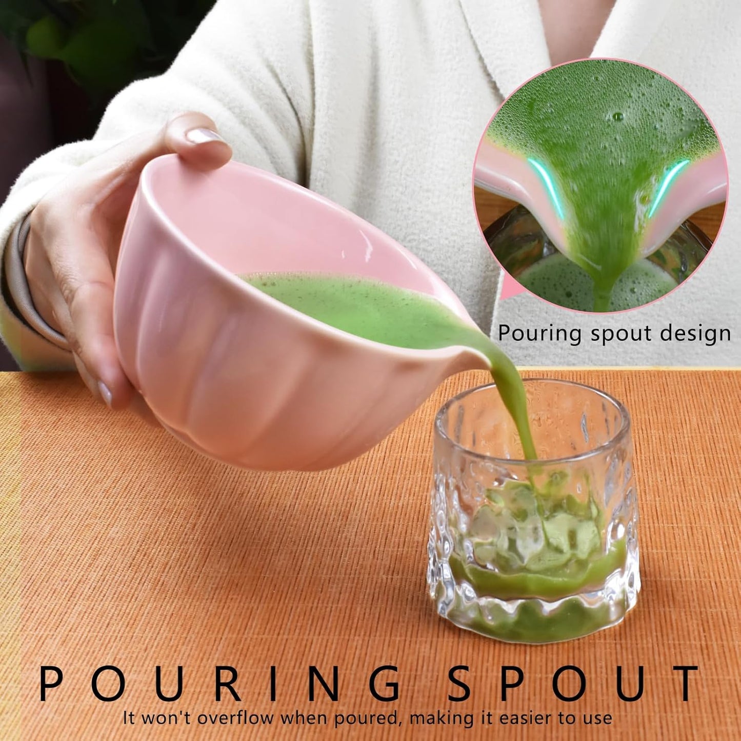 Artcome 4 Pcs Japanese Matcha Tea Set - Matcha Bowl with Pouring Spout, Matcha Whisk, Tea Scoop, Whisk Holder, Handmade Matcha Ceremony Kit For Japanese Tea Ceremony, Rose