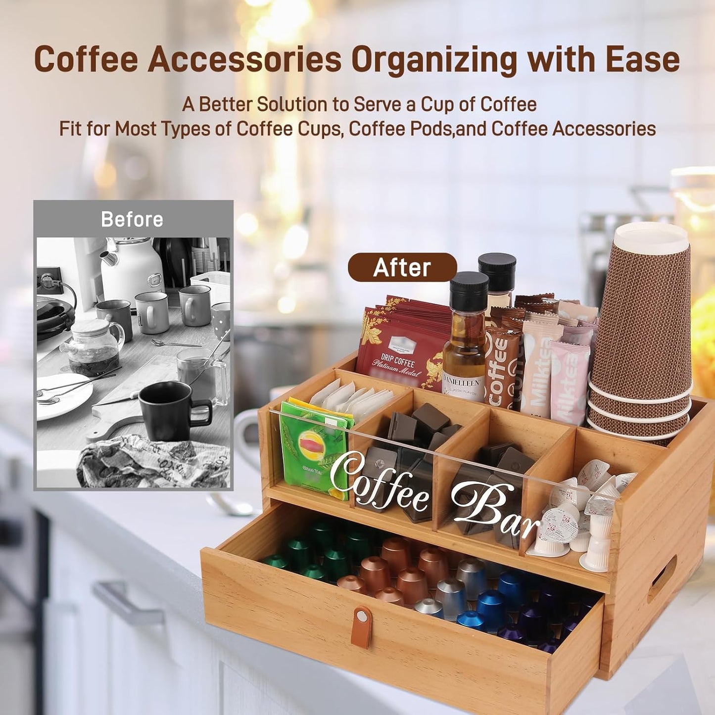2-Tier Coffee Bar Organizer with Clear Acrylic Top, Built-in Drawer and Leather Handle Pull for Countertop, Stylish Coffee Station Storage Box for Accessories, Pods, Great Gifts for Home