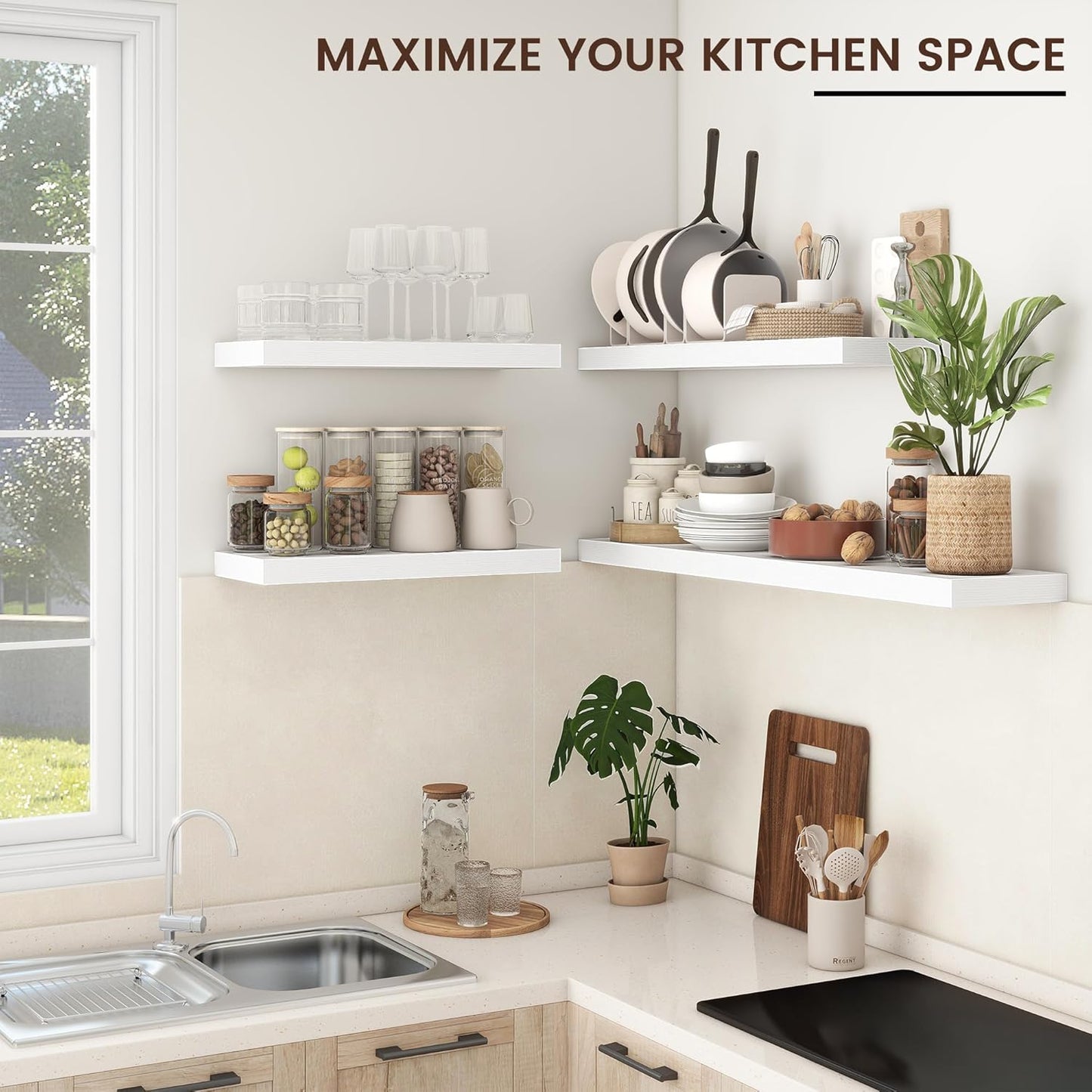 Floating Shelves - 2 Large Wall Mounted Shelves with Invisible Brackets, Long Wood Floating Wall Shelf for Living Room, Bedroom, Kitchen (White, 36" W x 9" D x 1.5" H)