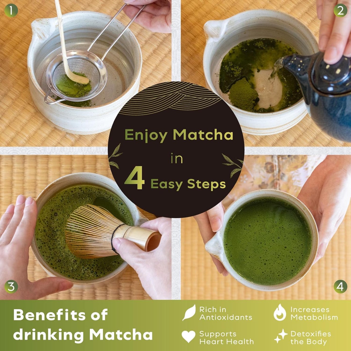 Japanese Matcha Set | Matcha Bowl with Spout | Whisk & Holder | Bamboo Scoop & Stainless Sifter | 5-Piece Traditional Matcha Kit | Designed in Japan |「Rustic Beige」