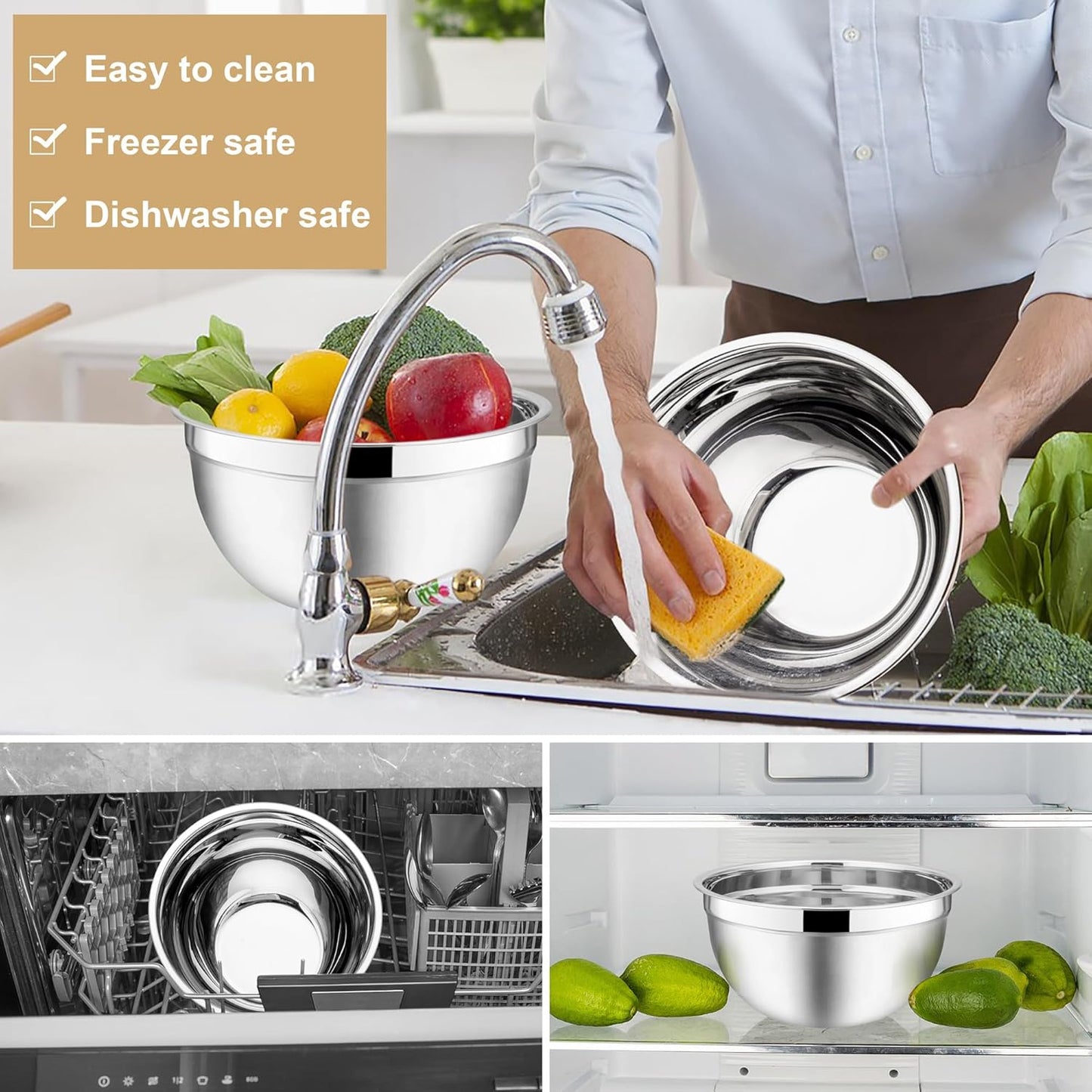 E-far Mixing Bowls with Lids, 6-Piece Stainless Steel Salad Bowls Metal Nesting Bowls for Baking Cooking and Prepping, Airtight Lids & Stackable Design, Size 4.5, 3, 1.5 QT (Khaki)