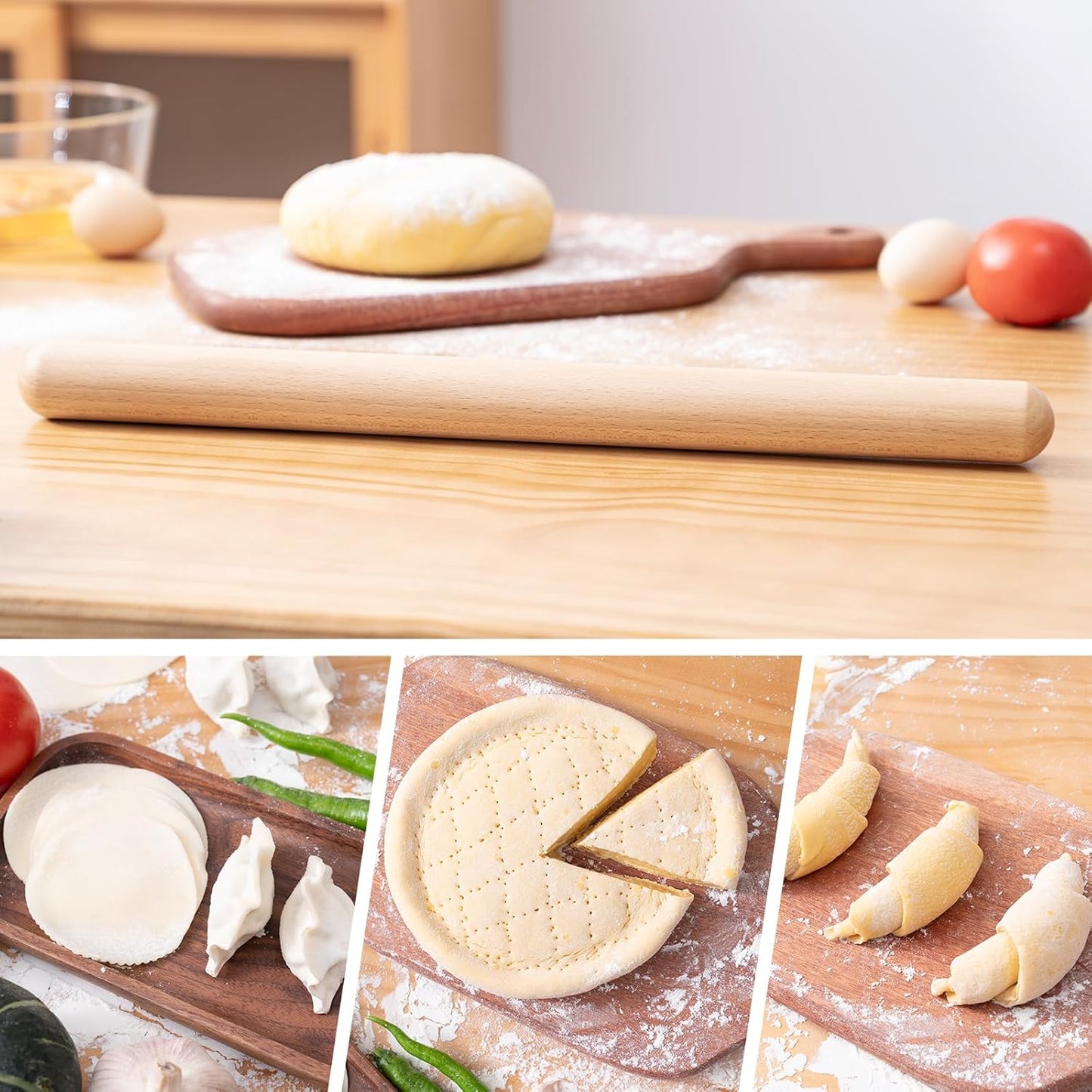 AISOSO French Rolling Pin, 17.7 Inches Wood Rolling Pins for Baking, Extra Long Classic Wooden Dough Roller for Fondant Pizza Pie Crust Cookie Pastry, Kitchen Baking Essentials, Light Yellow