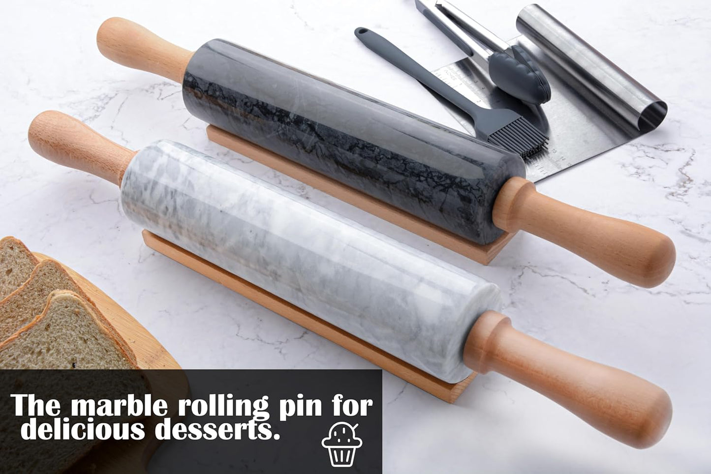 Marble Rolling Pin Set with Silicone Pastry Mat,Pastry Brush,Cooking Tongs,Stainless Steel Scraper18.5 inch Polished Non-Stick Roller for Pizza Dough,Fondant,Pie Crust(Gray Black)