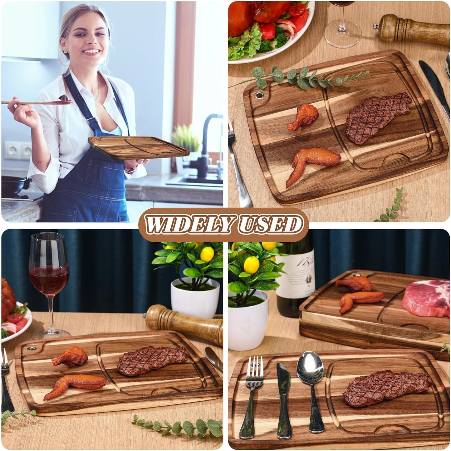 Uiifan 10 Pcs Steak Plates with Juice Channel Wooden Steak Board Set Acacia Cutting Serving Board for Home Serving Eating Meat Dishes Snack Dessert, 13 x 11 x 0.6 Inch