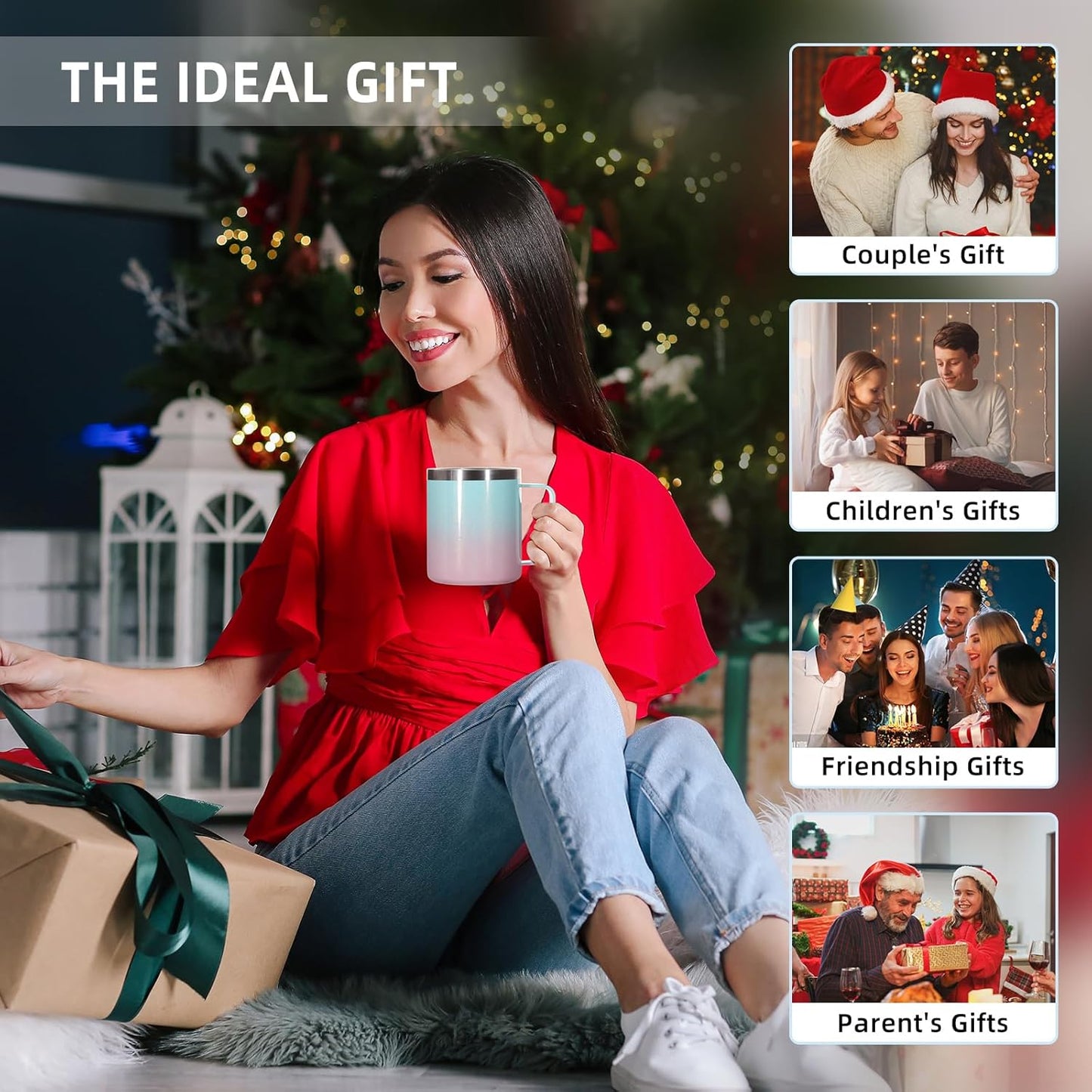 Volhoply 14oz Insulated Stainless Steel Coffee Mug with Lid Bulk 2 Pack,Double Wall Vacuum Travel Coffee Cup with Handle,Reusable Cups Tumbler,Camping Mugs Keep Hot,Ideal Gifts(Green Pink,2)