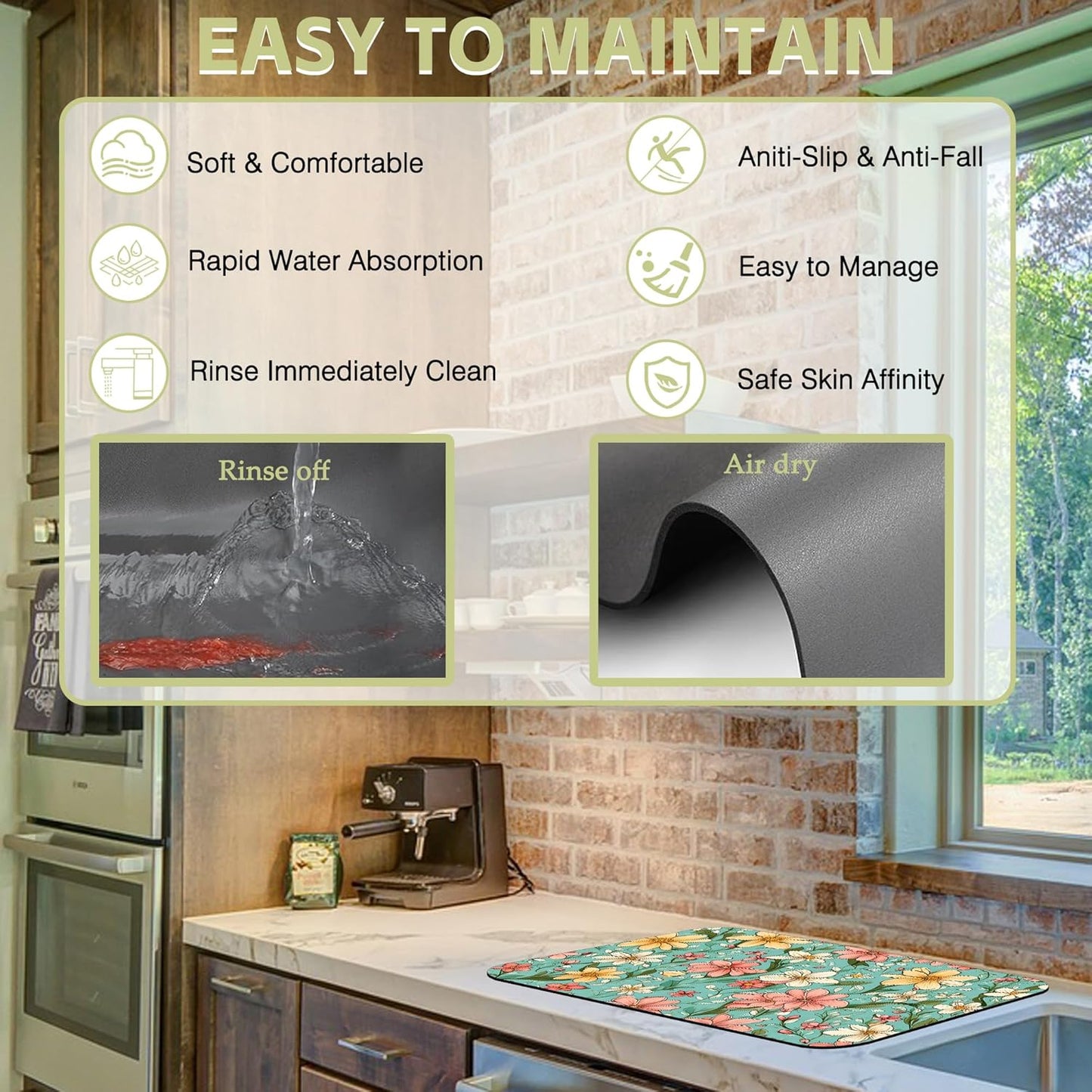 Dish Drying Mat Spring Flower Kitchen Mat 16"x24" Bsorbent Coffee Maker Mat for Dishes,Utensils Coffee Maker Pots and Pans Easy Clean Dish Slip Resistant Pad