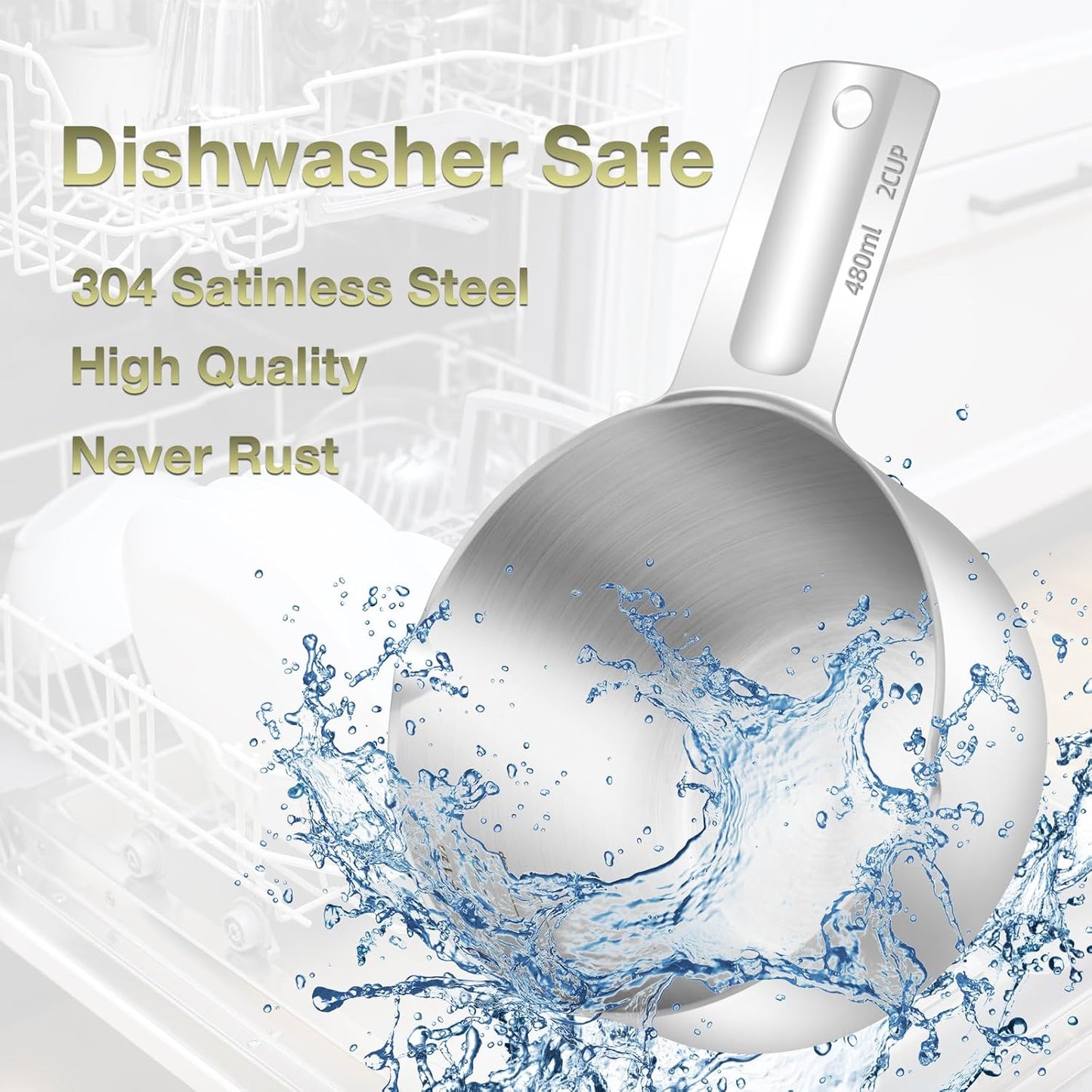 1PCS 2Cup (480ml, 16oz) Single Measuring Cup, Etched Inner Scale Stainless Steel Measure Scoop, Metric and US Measurement, Dishwasher Safe