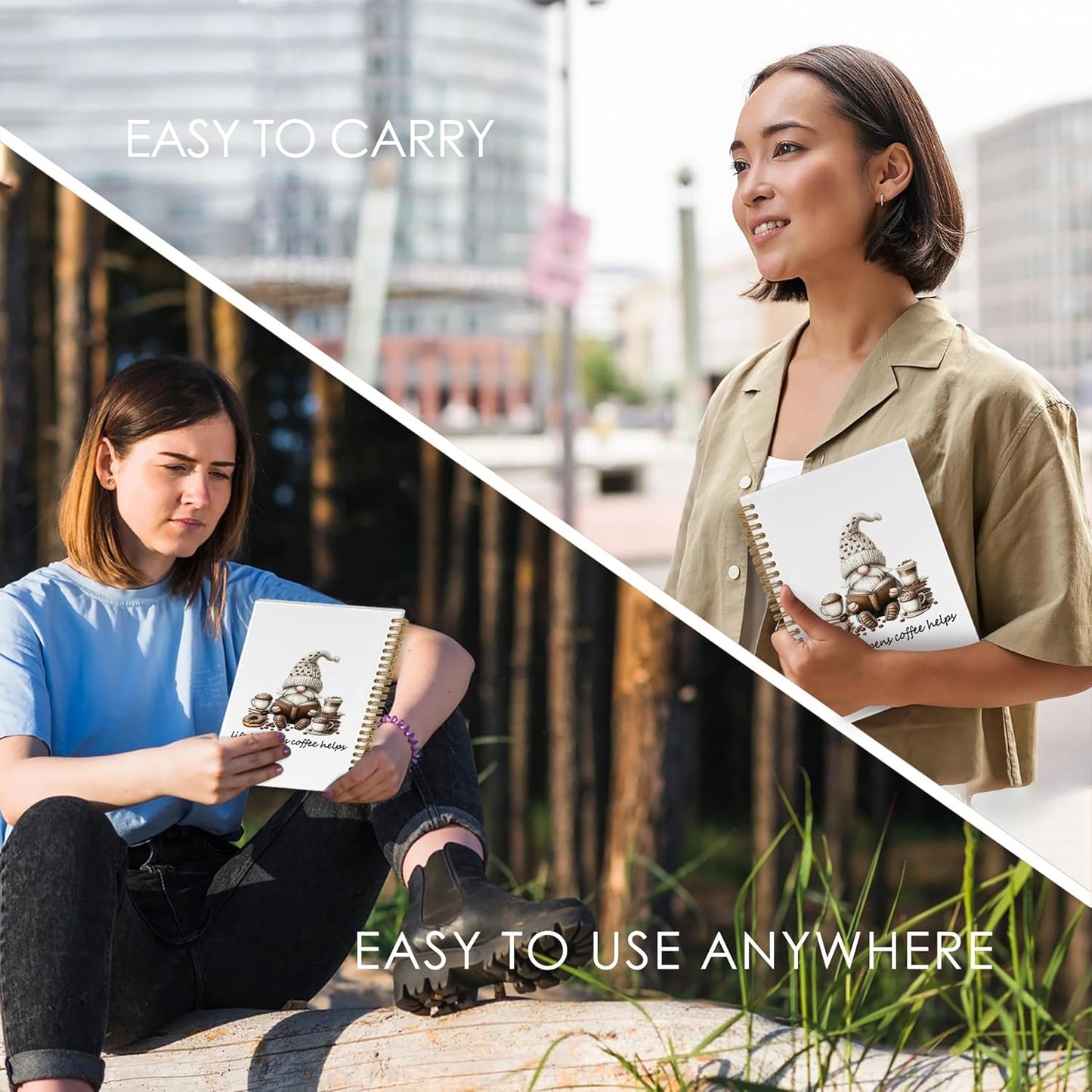 Funny Coffee Gnomes Spiral Notebook, Coffee Lovers Gifts Journal Notebook, Gnome Gifts Notebooks for School Work, Life Happens Cafe Helps Office Supplies Gifts for Women Men, 5.5x8.3 Inch