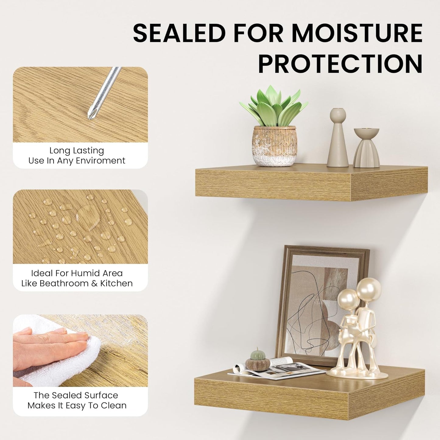 Square Floating Shelves for Wall, 8" W x 8" D x 1.2" H, Small Wooden Wall Mounted Display Shelves with Invisible Brackets for Living Room, Bedroom, Bathroom, Kitchen Decor, Set of 4, Oak