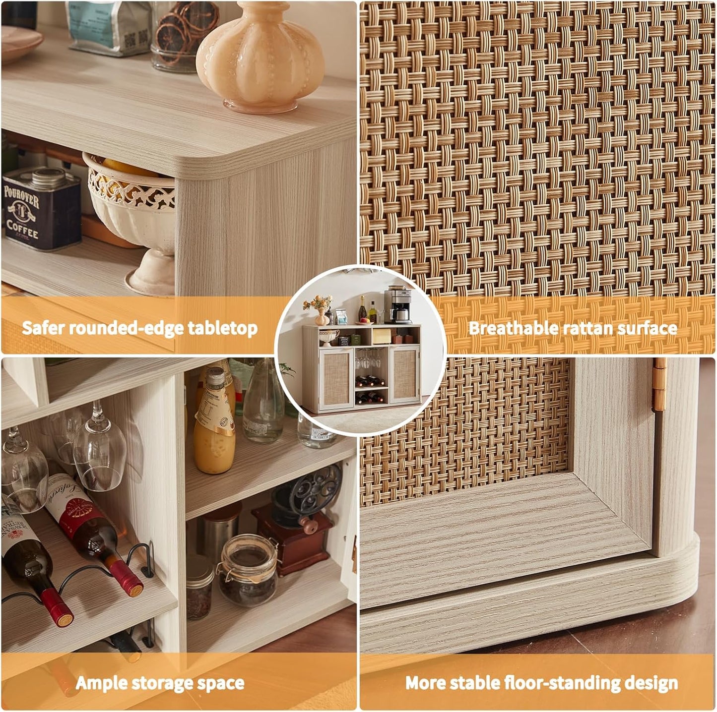 Lerliuo 47.2" Rattan Wine & Liquor Cabinet with 2 Doors, Boho Farmhouse Coffee Bar Station, Built-in Wine Racks & Storage, Adjustable Shelves for Living Room, Dining Room, Kitchen, Grey White