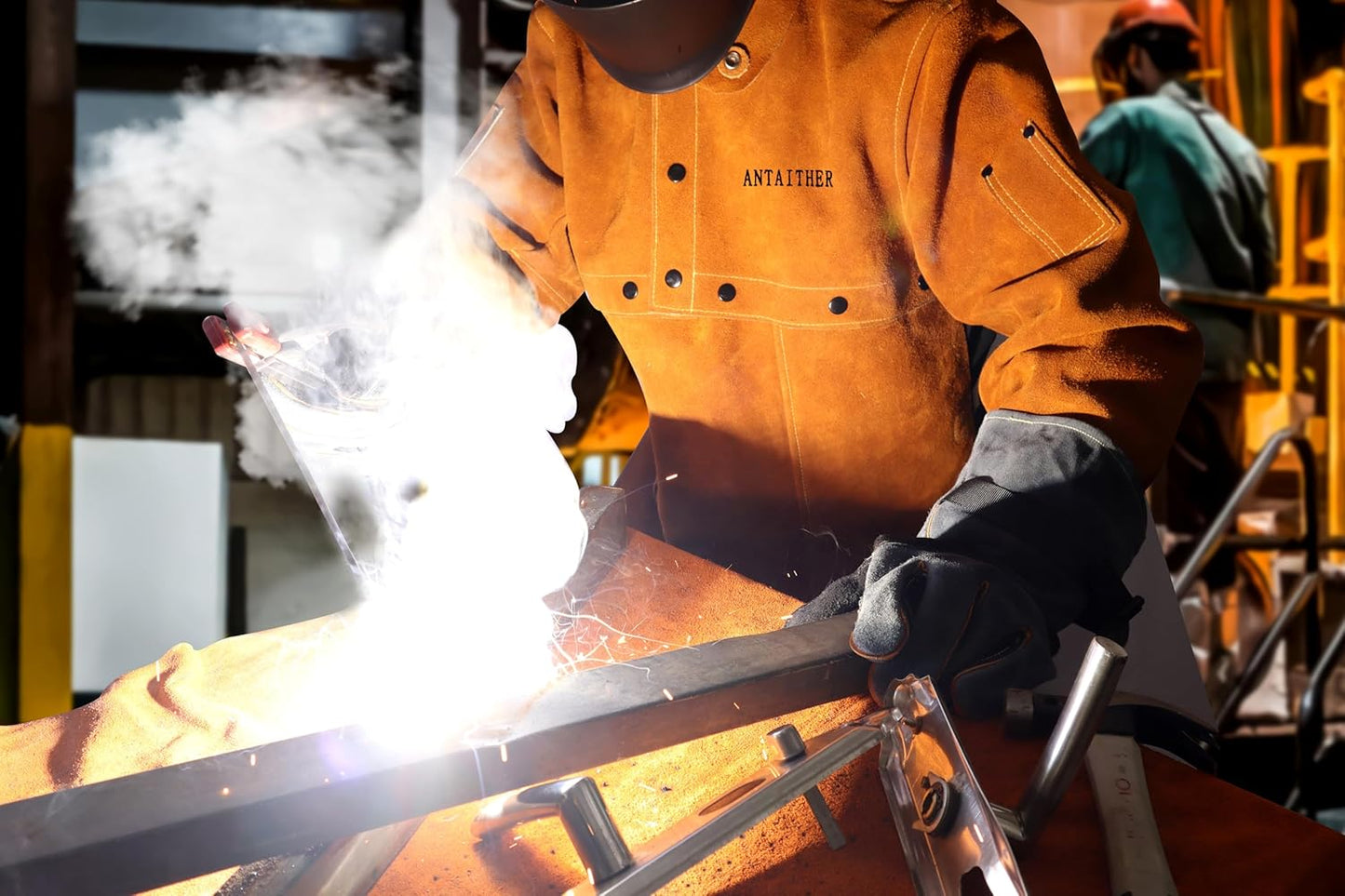 ANTAITHER Leather Welding Jacket with Open Back, Bib Apron with Cape Sleeve, Heat Flame Resistant Welder Coat