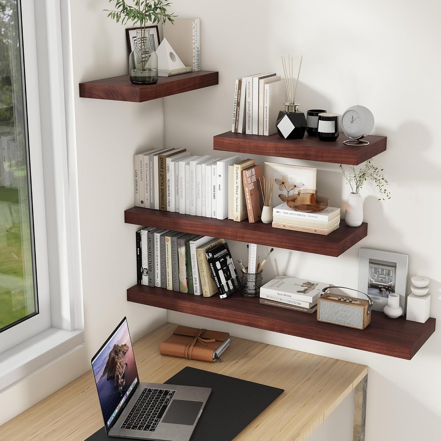 Fun Memories Deep Floating Shelves, Solid Wood Floating Shelves Wall Mounted, 9.3" Deep Floating Shelf for Living Room, Bedroom, 36 x 9 Large Wall Shelves for Books, Red Brown, Set of 2