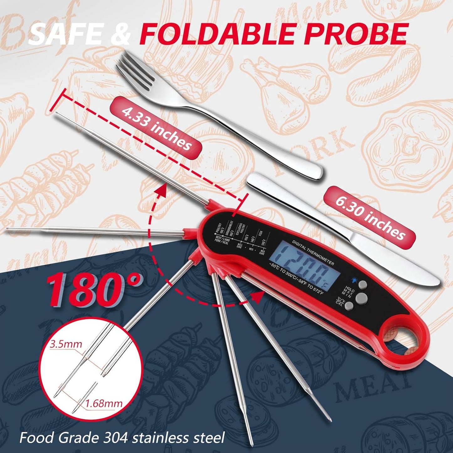Meat Thermometer Digital, ULTRAKTE Instant Read Food Thermometer with Backlight & Calibration, Waterproof Ultra-Fast Cooking Thermometer with Foldable Probe for Kitchen, Grill, Deep Fry, BBQ, Candy